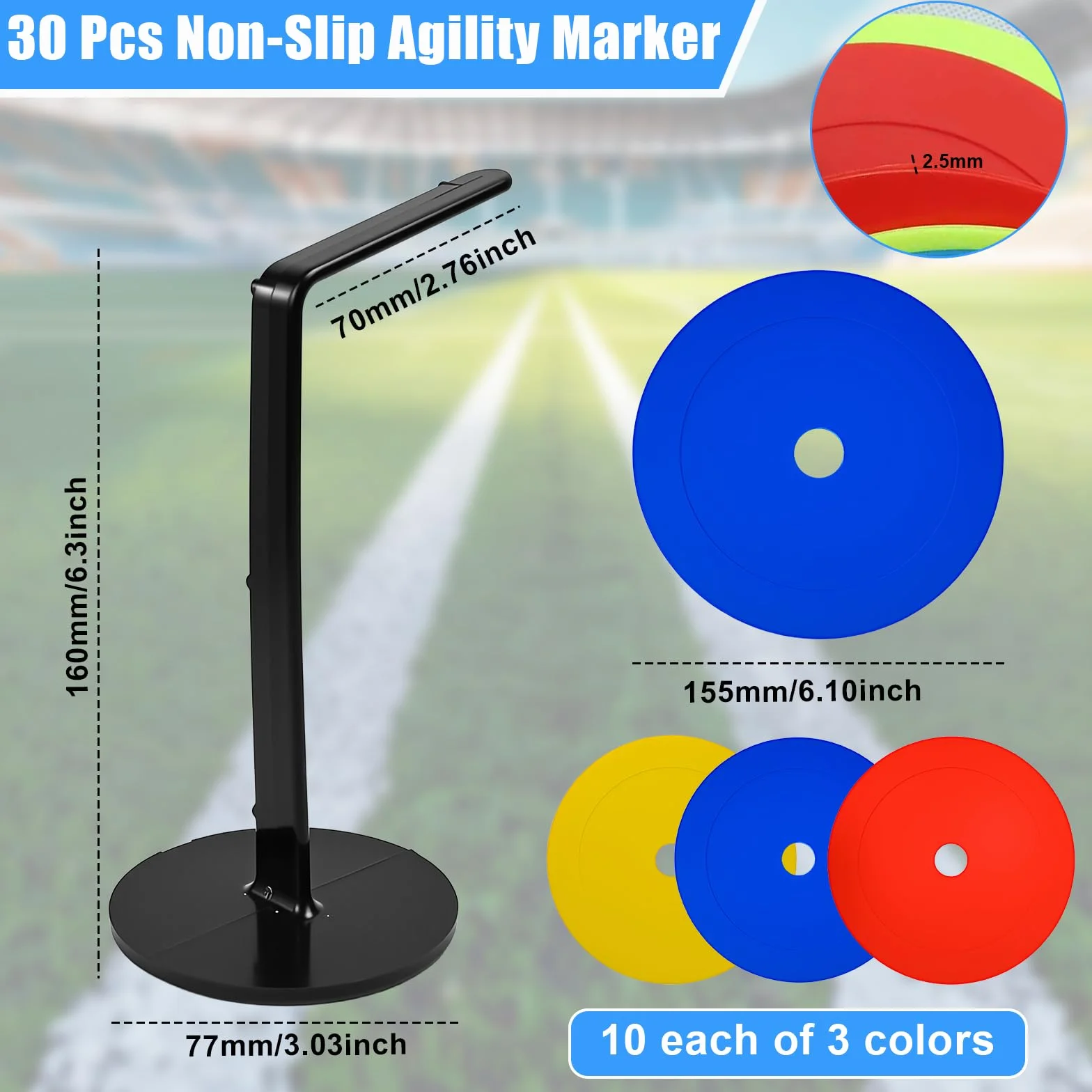 Cônes Plats Football Disque Plat d'Entraînement Antidérapant 30PCS 3 Couleurs