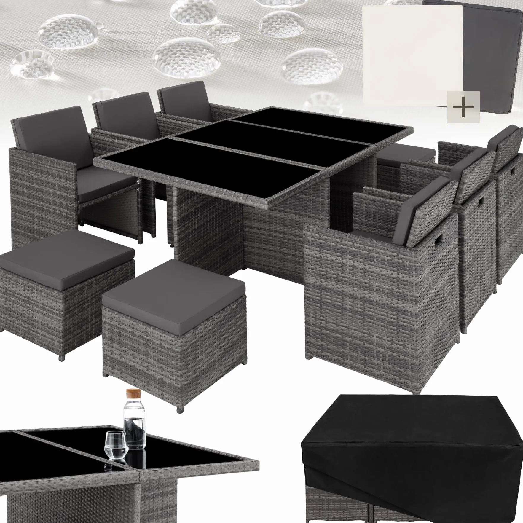 Tectake Salon de Jardin Résine Tressée Poly Rotin Table 10 Personnes Fauteuil Aluminium Encastrable Gris avec Housses