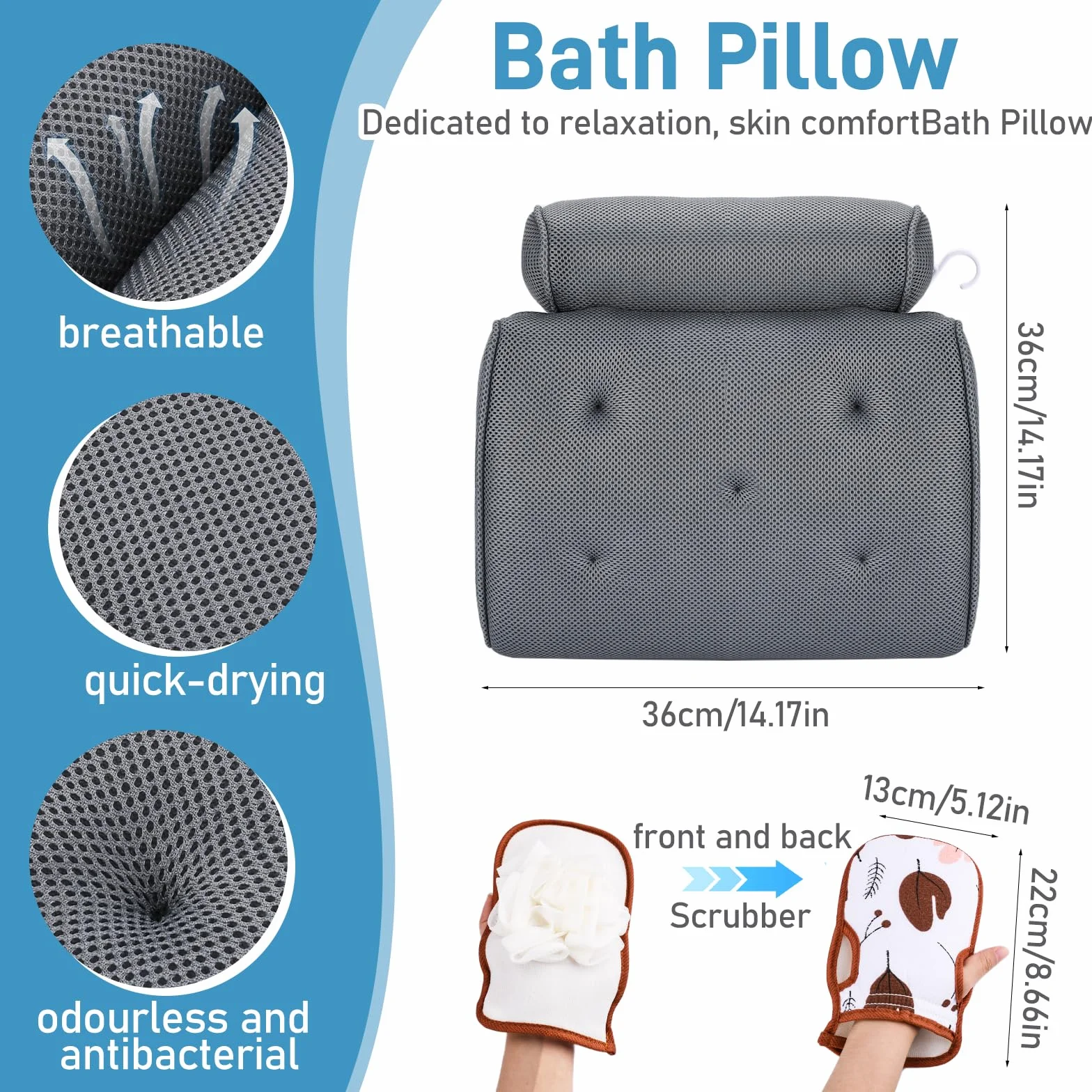 Coussin Baignoire Ergonomique avec 4D Air Mesh & 5 Ventouses pour Tous Types de Baignoires, Spa, Jacuzzi