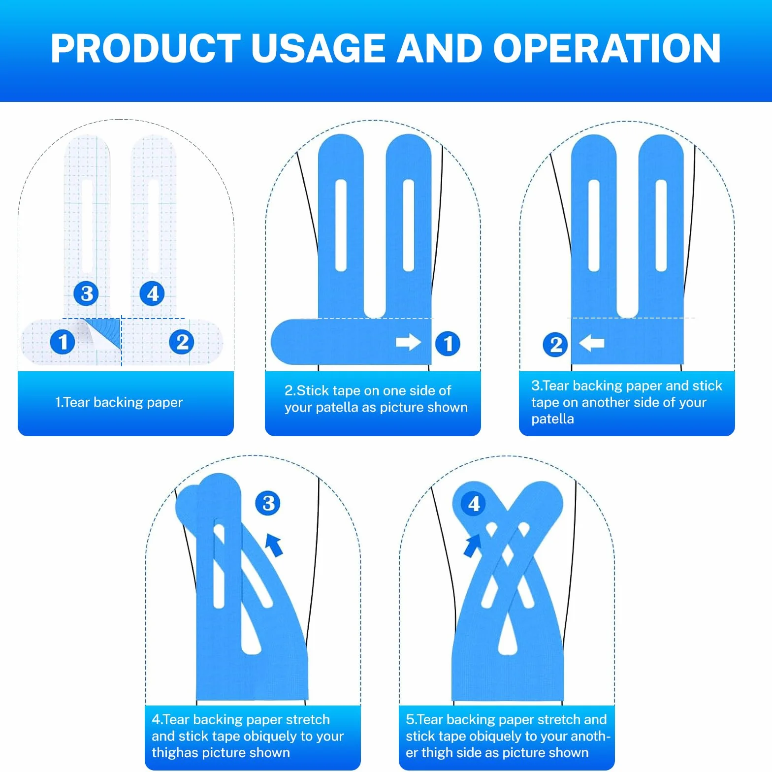 10 pièces Prédécoupées Tape Kinesiologie Genou Tape bleu - kinesio tape bande kinesiologie, résistant à l'eau & doux pour la peau Ruban de physiothérapie douleurs genoux correction de la posture