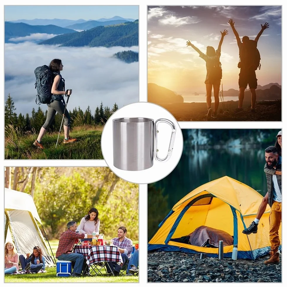 MiOYOOW Tasse à mousqueton en acier inoxydable, tasse de camping à double paroi, tasse portable en métal avec poignée à mousqueton pour camping, voyage en plein air, 300 ml