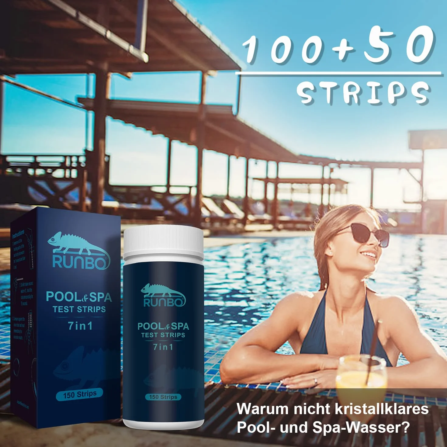 RUNBO 7 en 1 Testeur Eau Piscine Spa, 150 Tests Chlore Libre, Brome, pH, Alcalinité