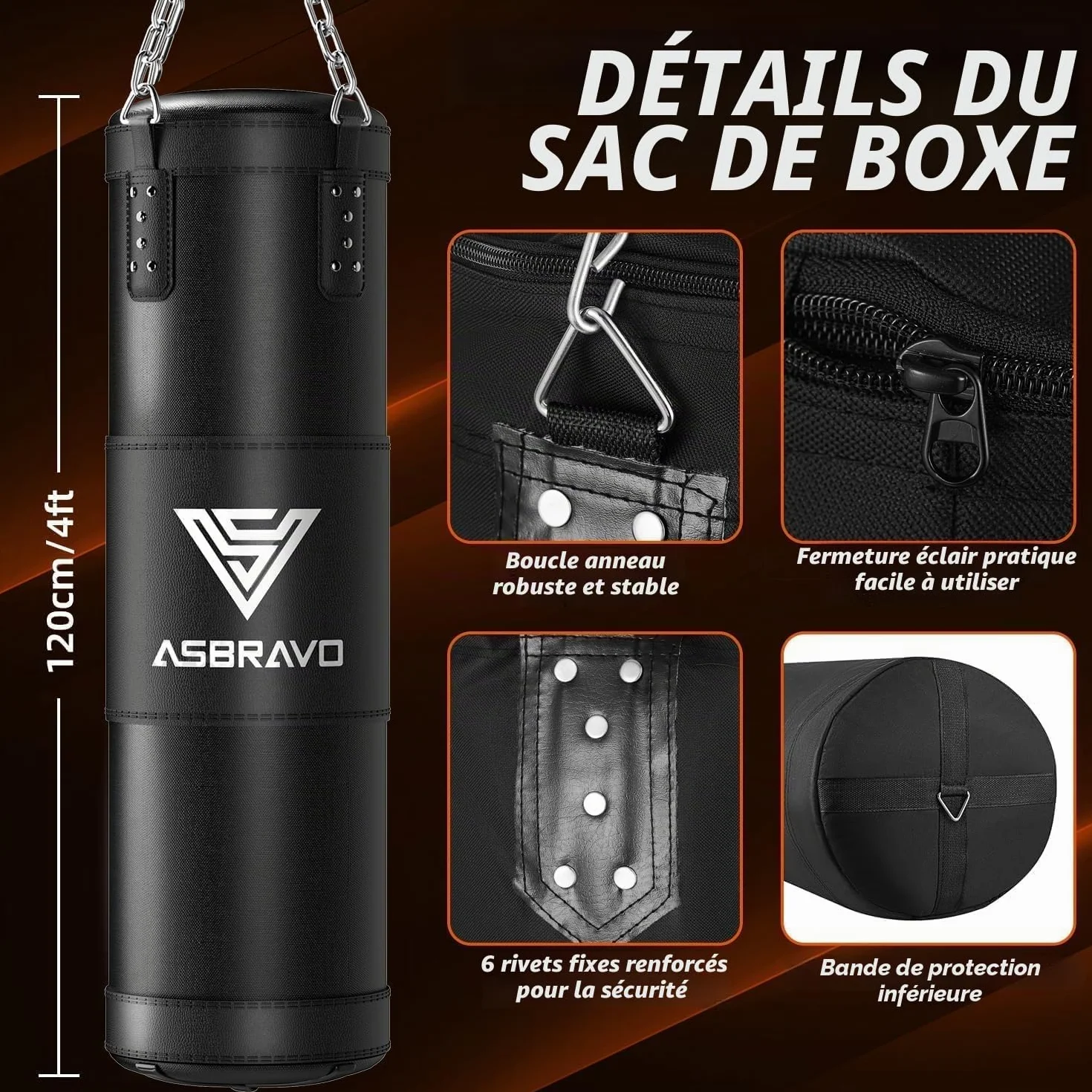 Sac de Frappe Adultes 120 cm Lourd - Kit avec Gants de Boxe 12 oz et Bandes de Main 5 m - pour Entraînement MMA, Karaté, Taekwondo, à Domicile ou en Salle de Sport - Non Rempli