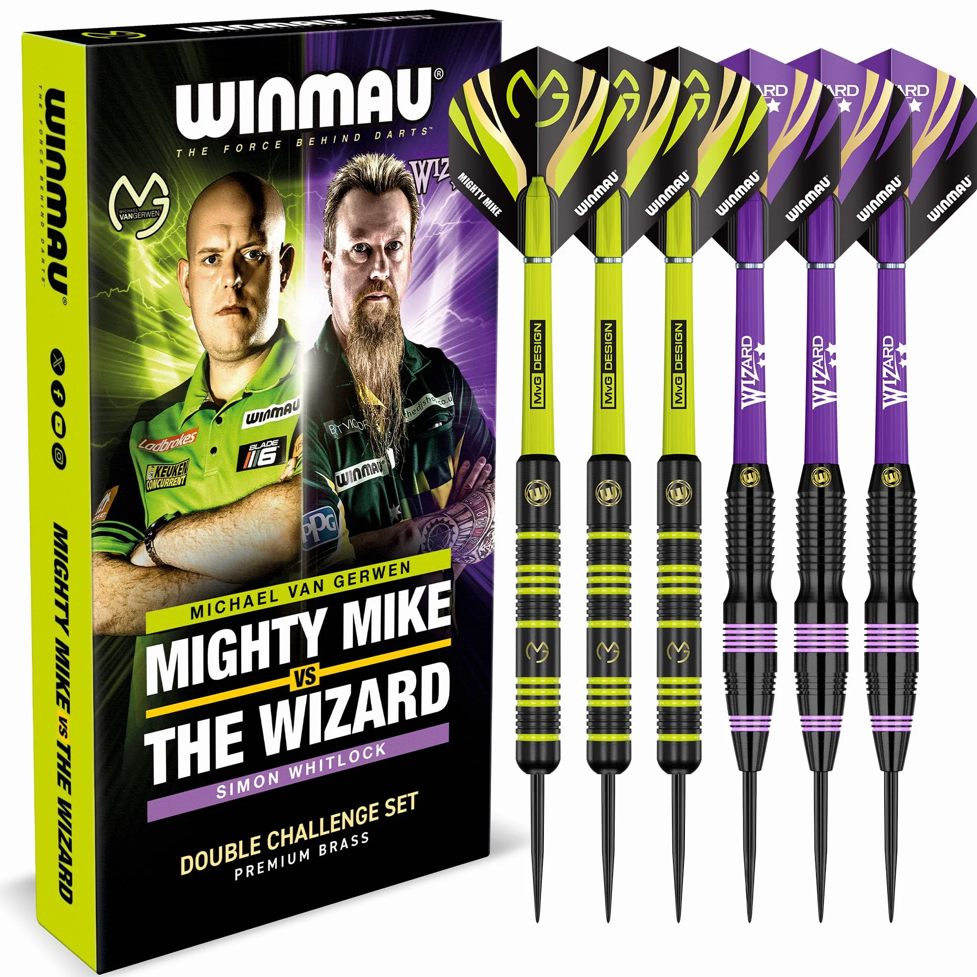 WINMAU Darts Michael 'MvG' Van Gerwen Vs Simon 'The Wizard' Whitlock | Ensemble jumeau | Fléchettes en Laiton Steeltip de 22 g avec ailettes et tiges (tiges)