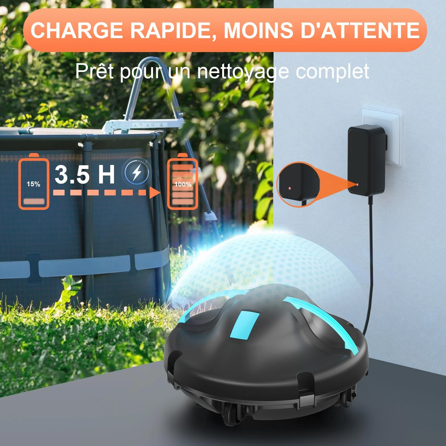 Robot Piscine sans Fil 130 Min Double Moteur Puissante Aspiration Auto-Stationnement Bleu 102 ㎡