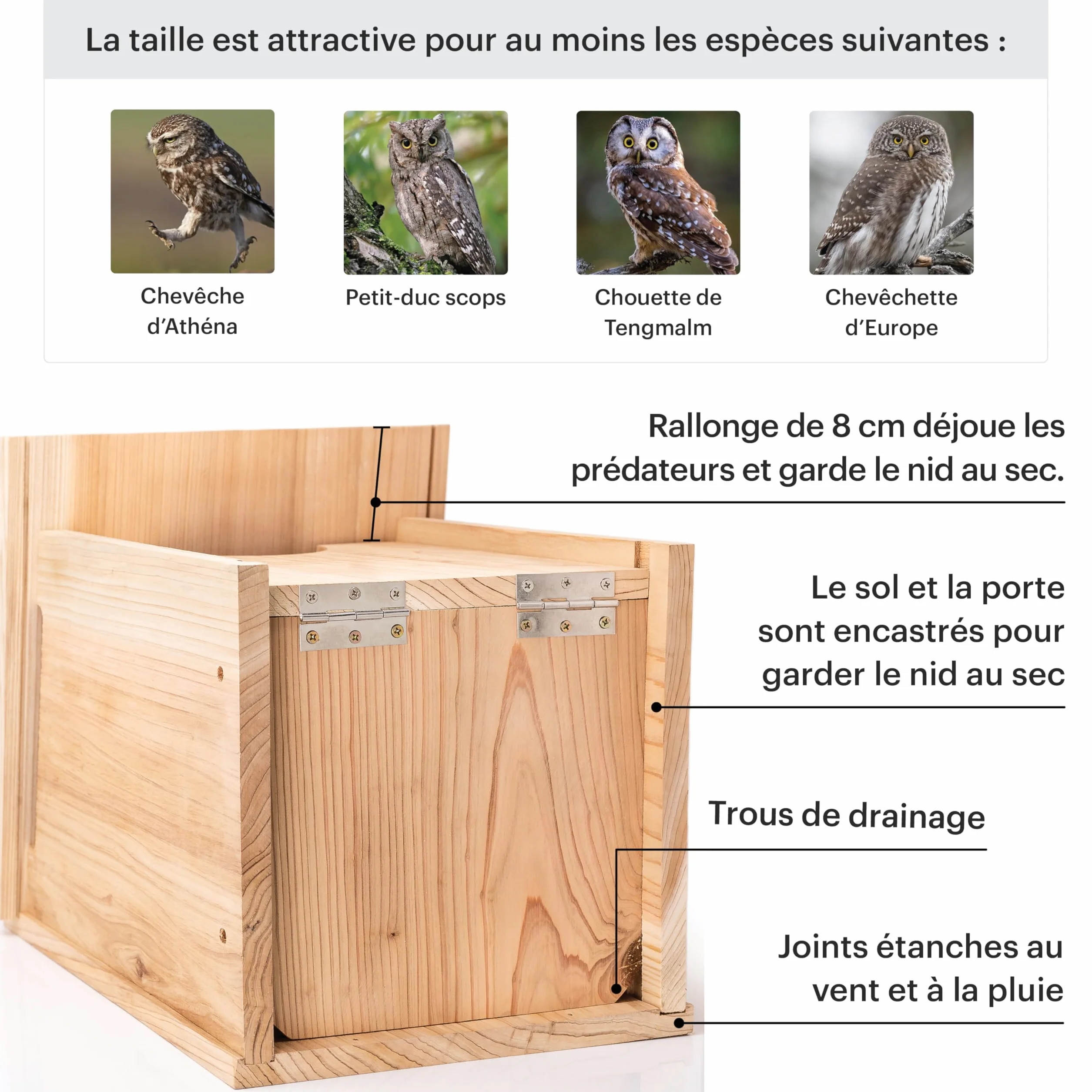 WHITEHORSE Grande Maison pour Chouettes en Bois de Cèdre 41 x 30 x 28 cm