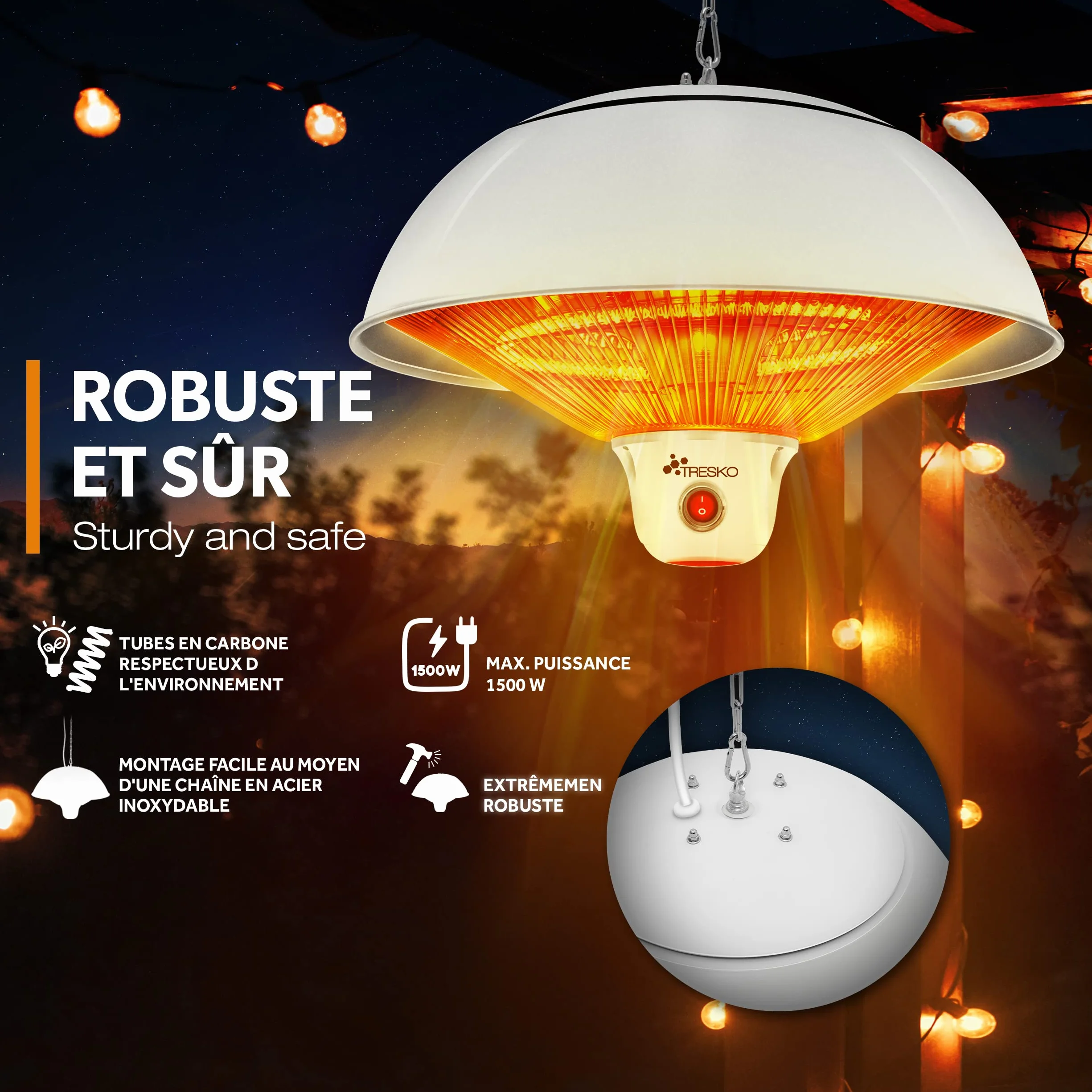 TRESKO Radiateur Infrarouge Plafond 1500W avec Télécommande et Affichage LED 3 Niveaux de Chaleur Blanc