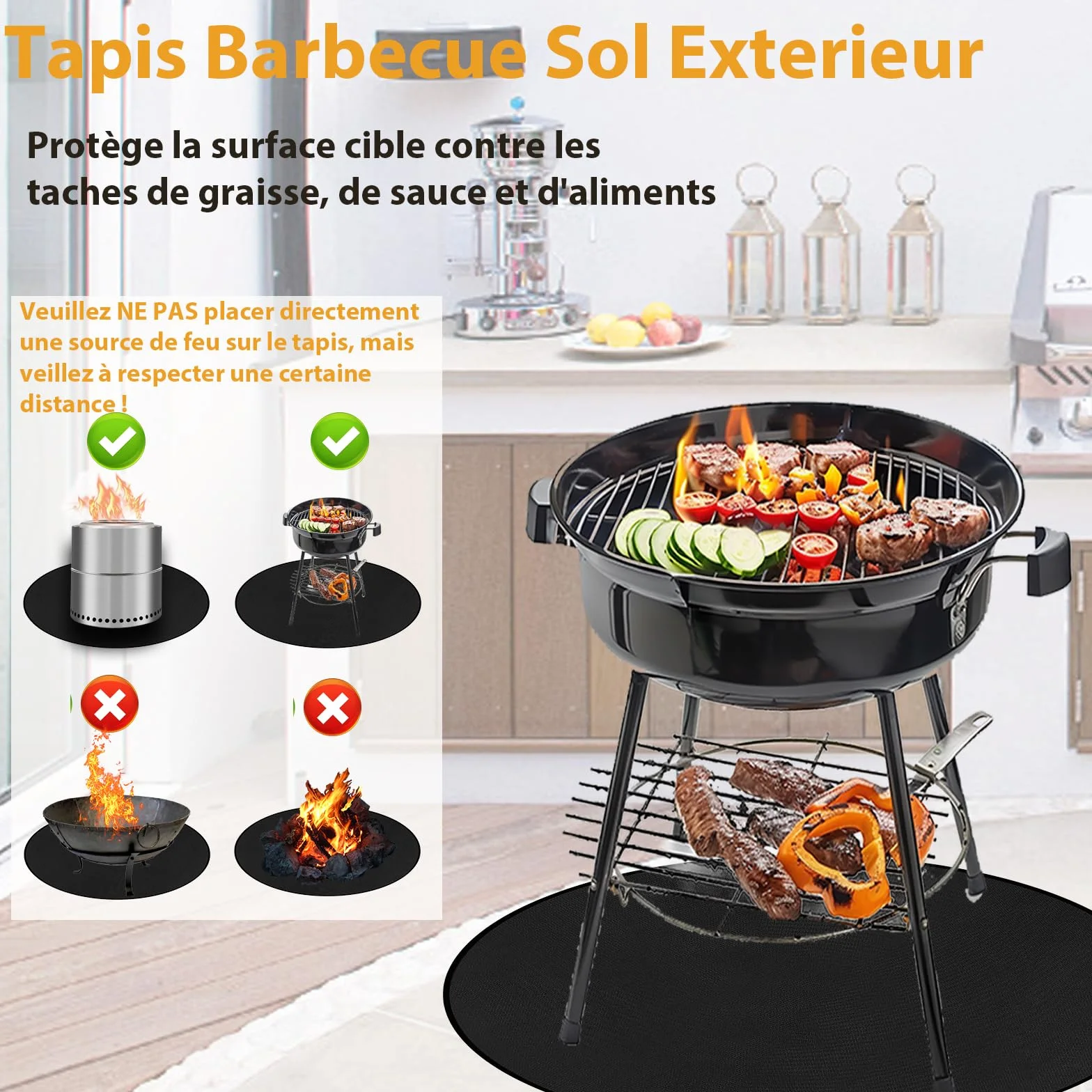 Qivine Tapis Barbecue Sol Exterieur 120cm Résistant à Chaleur Ignifuge Rond