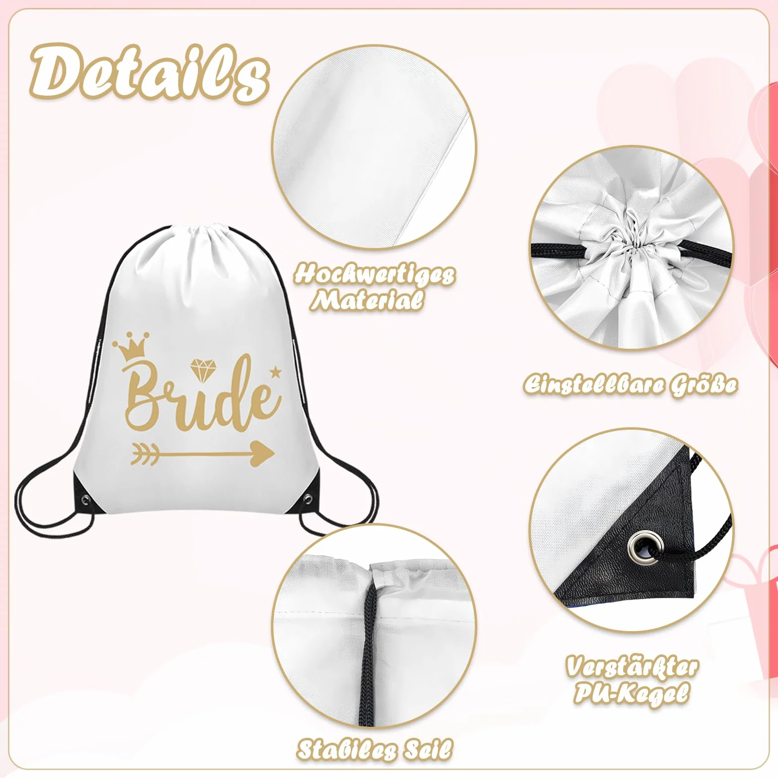 Lot de 8 sacs de gym avec cordon de serrage - Pour enterrement de vie de jeune fille - Pour fiançailles, JGA - Cadeau de mariage, Noir