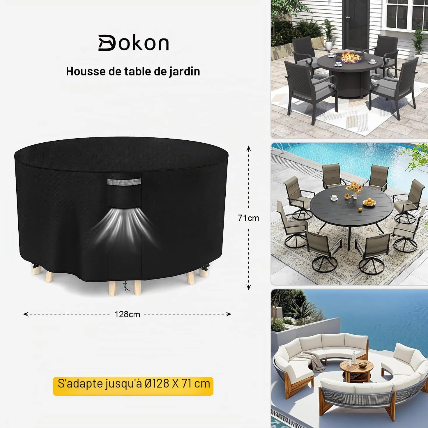 Housse de Table Jardin Ronde Ø128x71cm Imperméable Anti-UV Tissu Oxford 420D Noir