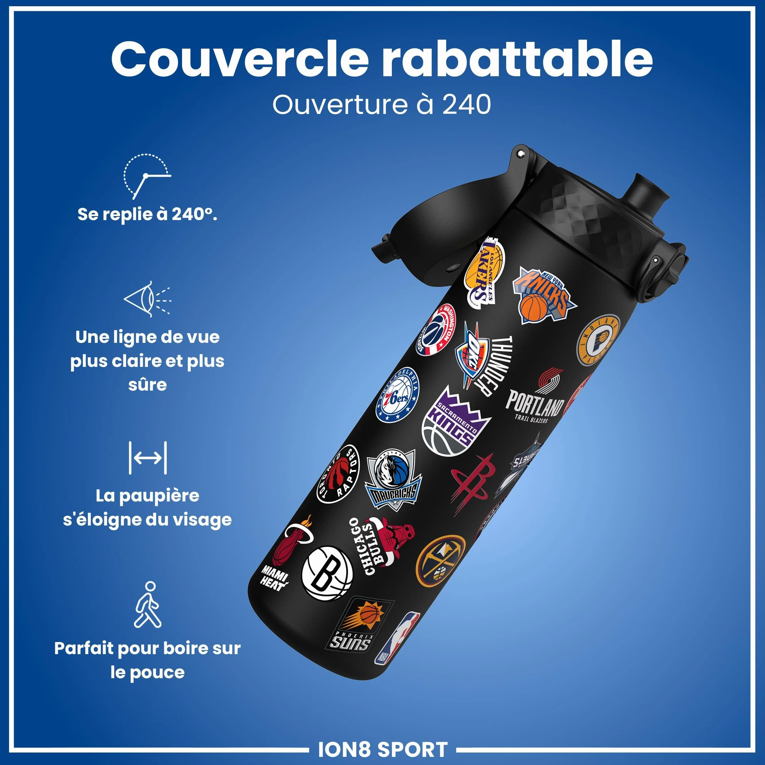 Ion8 NBA Équipes Multiples Gourde, 500ml, Anti-Fuite, Facile à Ouvrir, Verrouillage Sécurisé, Lavable en Lave-vaisselle, Sans BPA, Poignée de Transport, S'adapte aux Porte-gobelets, Facile à Nettoyer