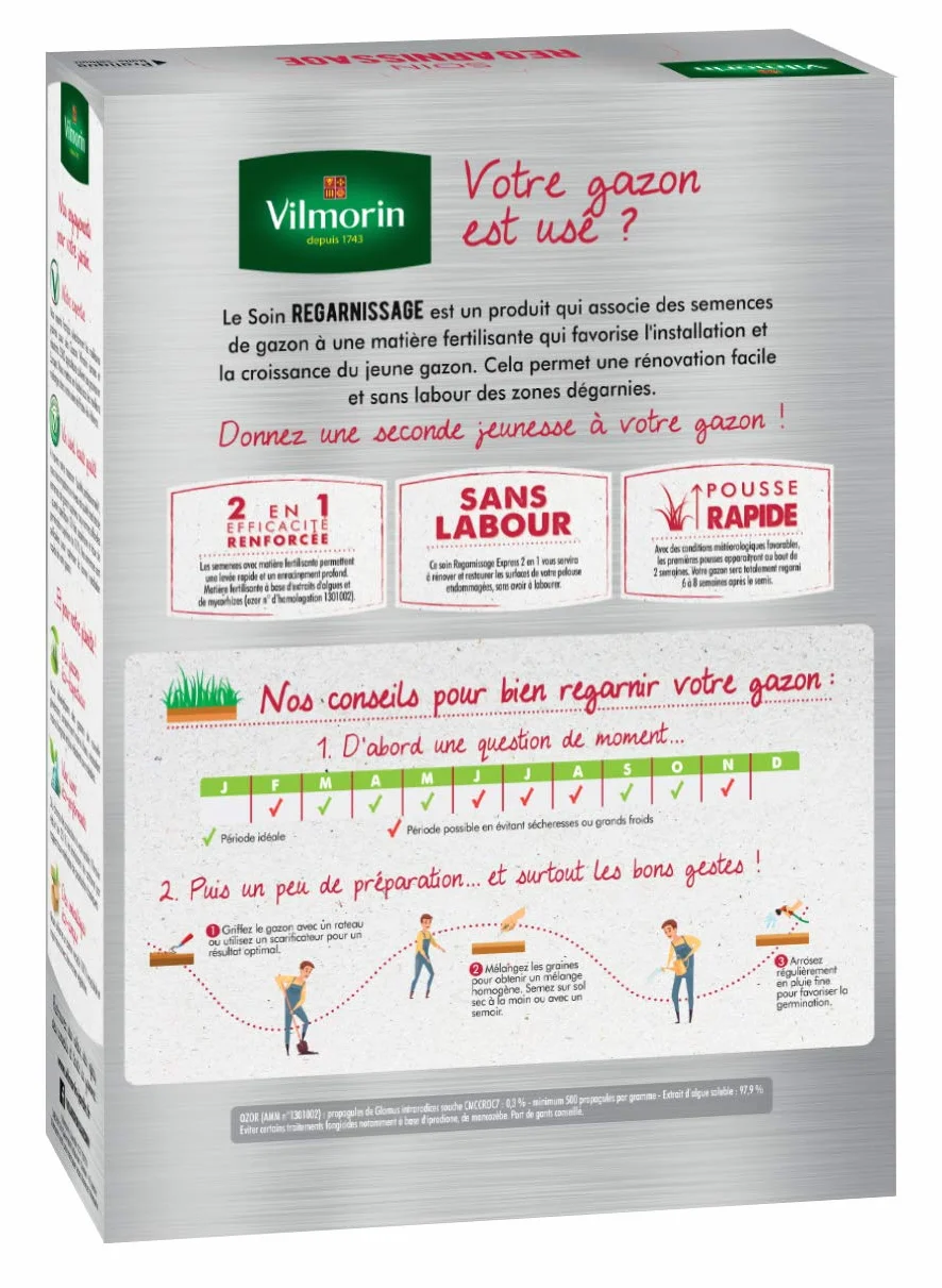 VILMORIN Soin Regarnissage Universel 2 en 1 Semences de gazon Fortifiant naturel 1 Kg
