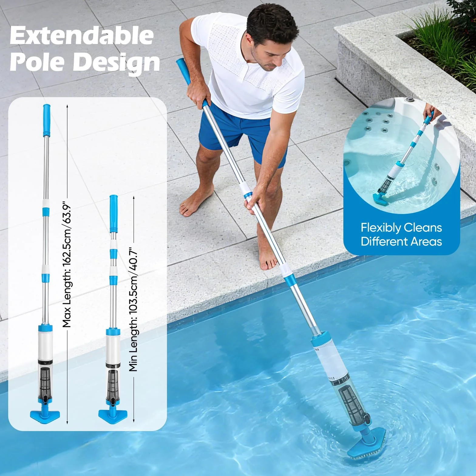 Aspirateur Piscine Rechargeable Nettoyeur avec Perche Télescopique 103.5–162.5cm Forte Aspiration 3 Têtes Piscines Hors‑Sol Enterrées Spas