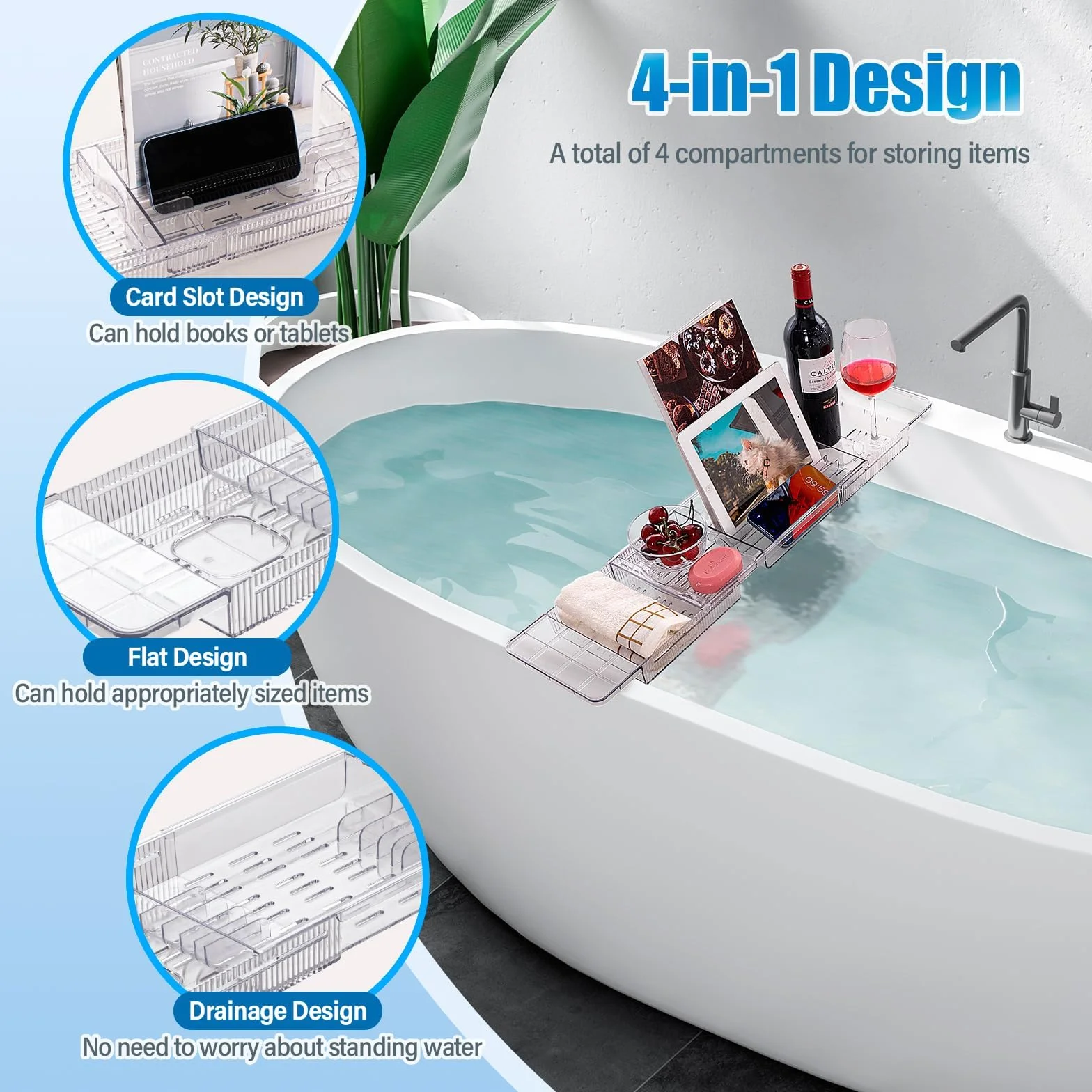 Plateau Baignoire Coulissant en Acrylique, Accessoire de Bain pour IPad Téléphone Verre Bougie