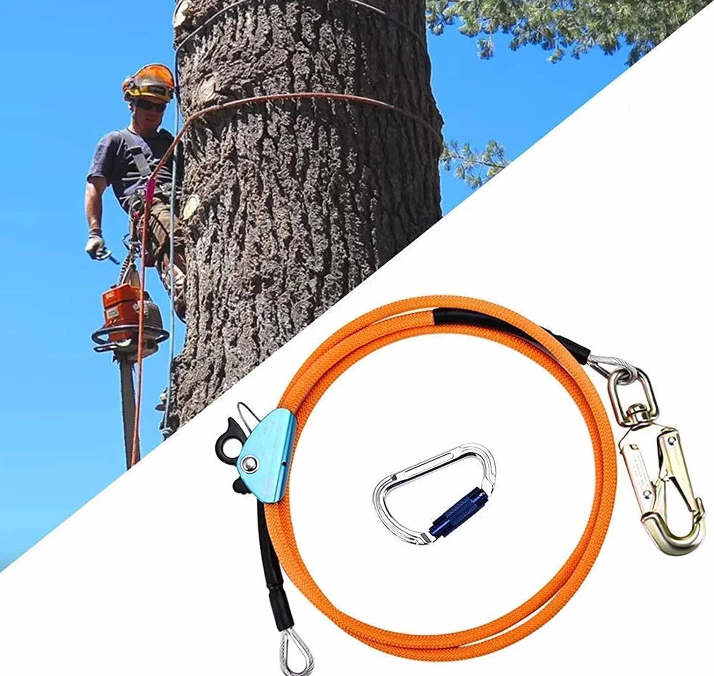 Corde de sécurité extérieure 12 mm x 3 m Ligne Rabattable pour Grimper aux Arbres Mousqueton Triple Verrouillage Faible étirement résistant aux coupures