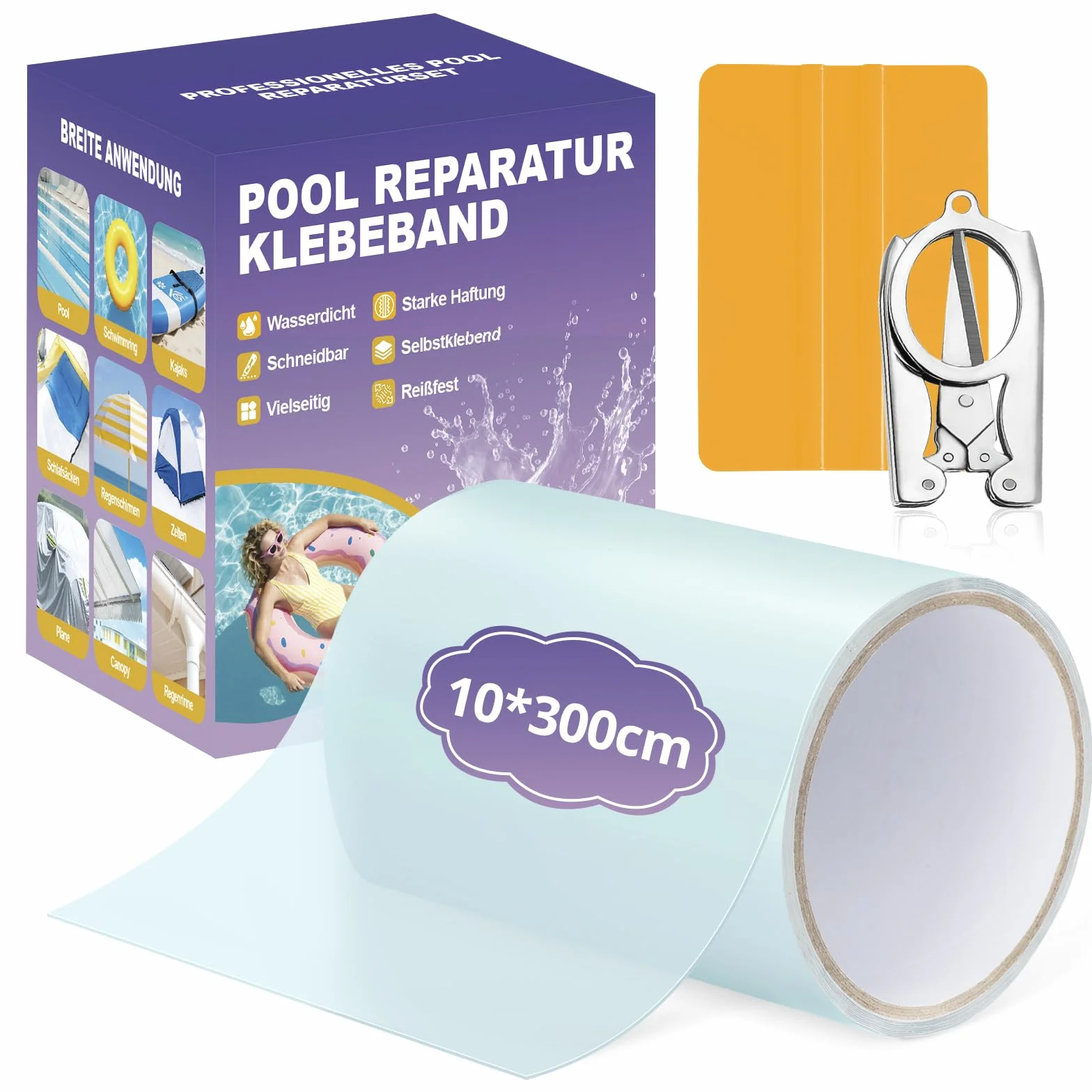 Kit Réparation Piscine 10x300 cm Rustine PVC Auto-Adhésif pour Piscine Hors Sol Spa