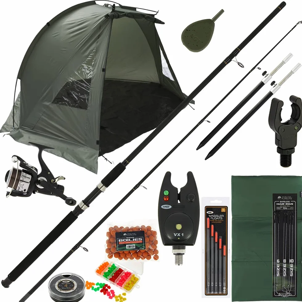 Canne à pêche Carp Stalker 2,4 m 1,1 kg moulinet 2BB ligne 4,5 kg installation complète abri bivouac 1 personne