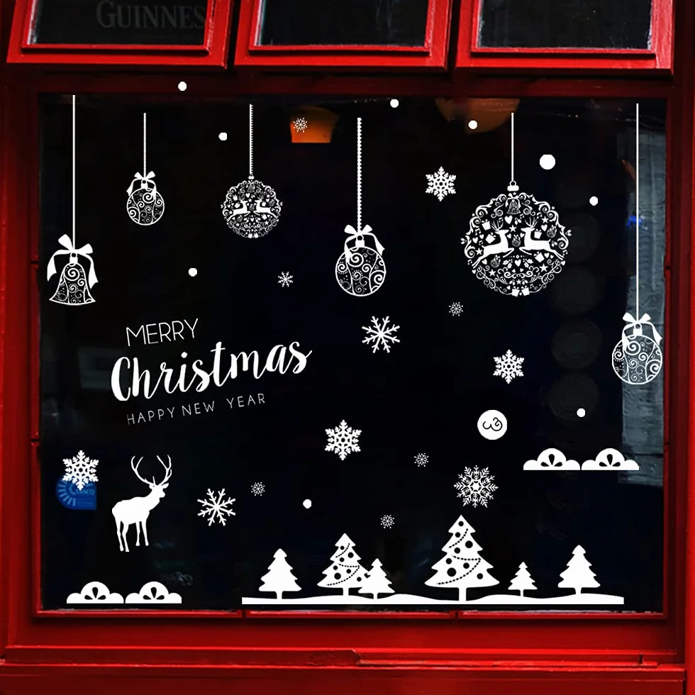 Autocollant fenêtre Noël réutilisable XXL Boules de Noël Flocons de Neige Blanc Décoration Vitres Vitrine Électrostatique Grande