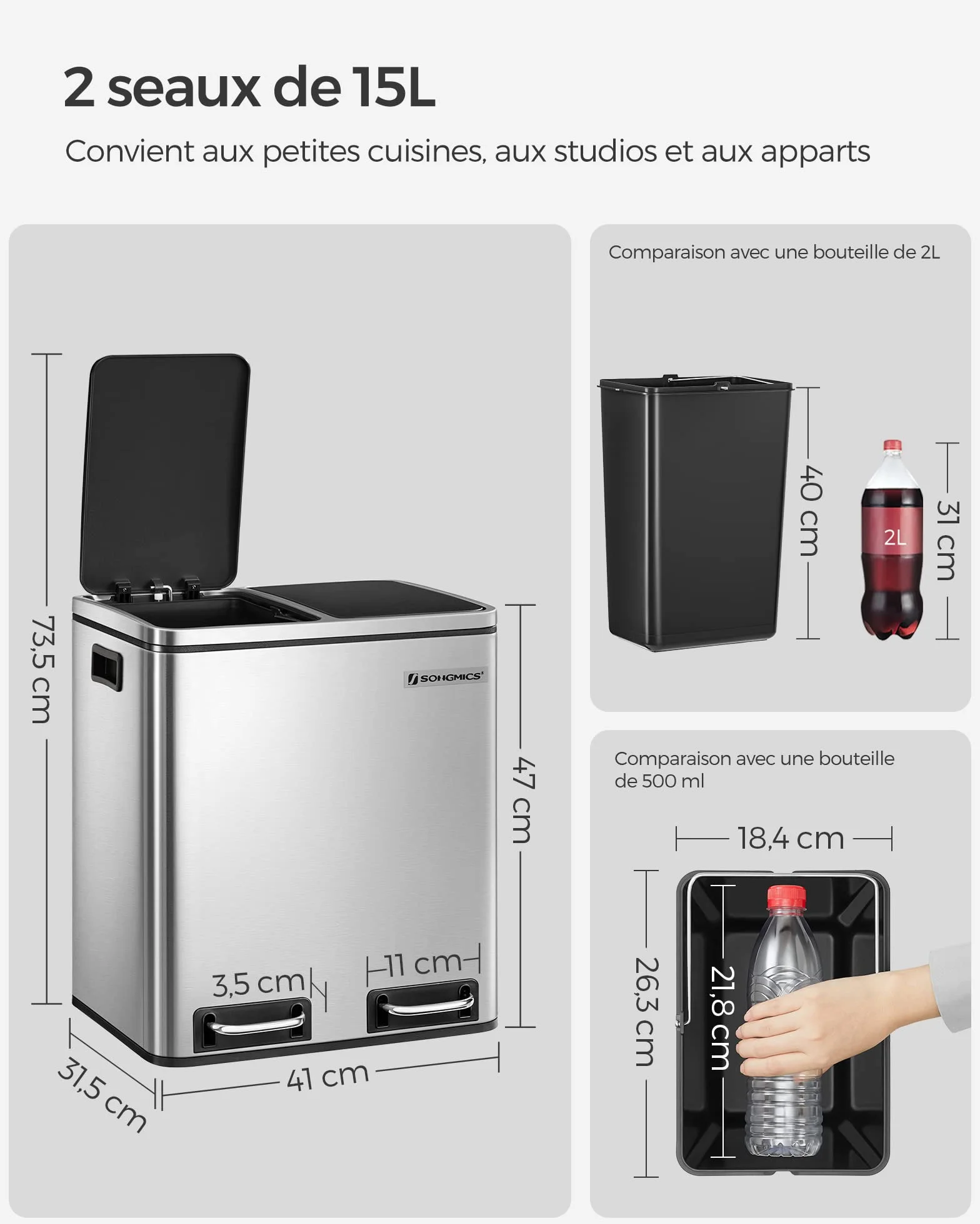 SONGMICS Poubelle Cuisine 2 x 15 L Tri Pédale Acier Argent Métallique Noir