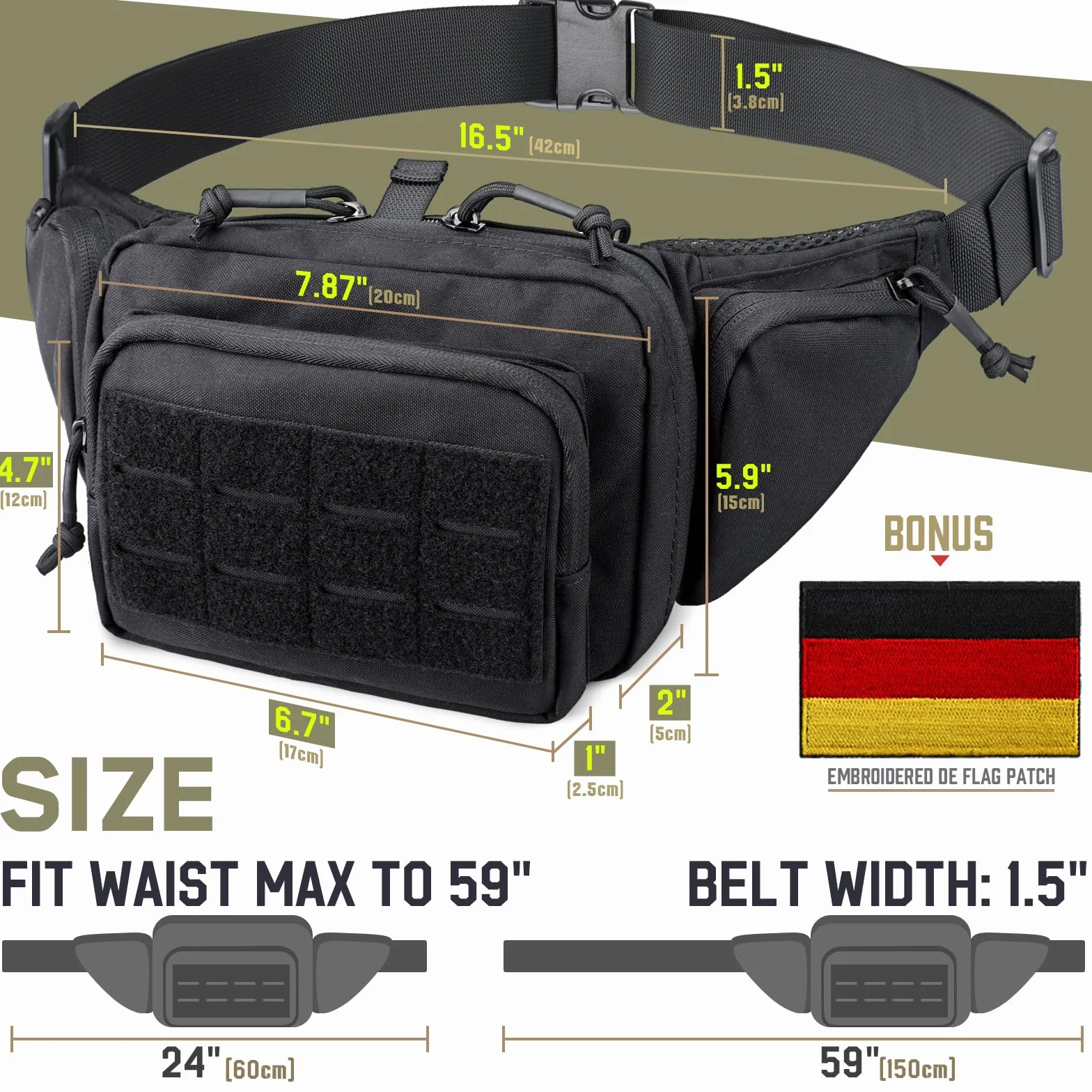 WYNEX Sac Banane Tactique Homme Sacoche Arme de Poing Discret avec Sangle Réglable, Sert Également Sacoche à Bandoulière Antivol sur La Poitrine pour Usage Quotidien Cyclisme Randonnée Sport - Noir