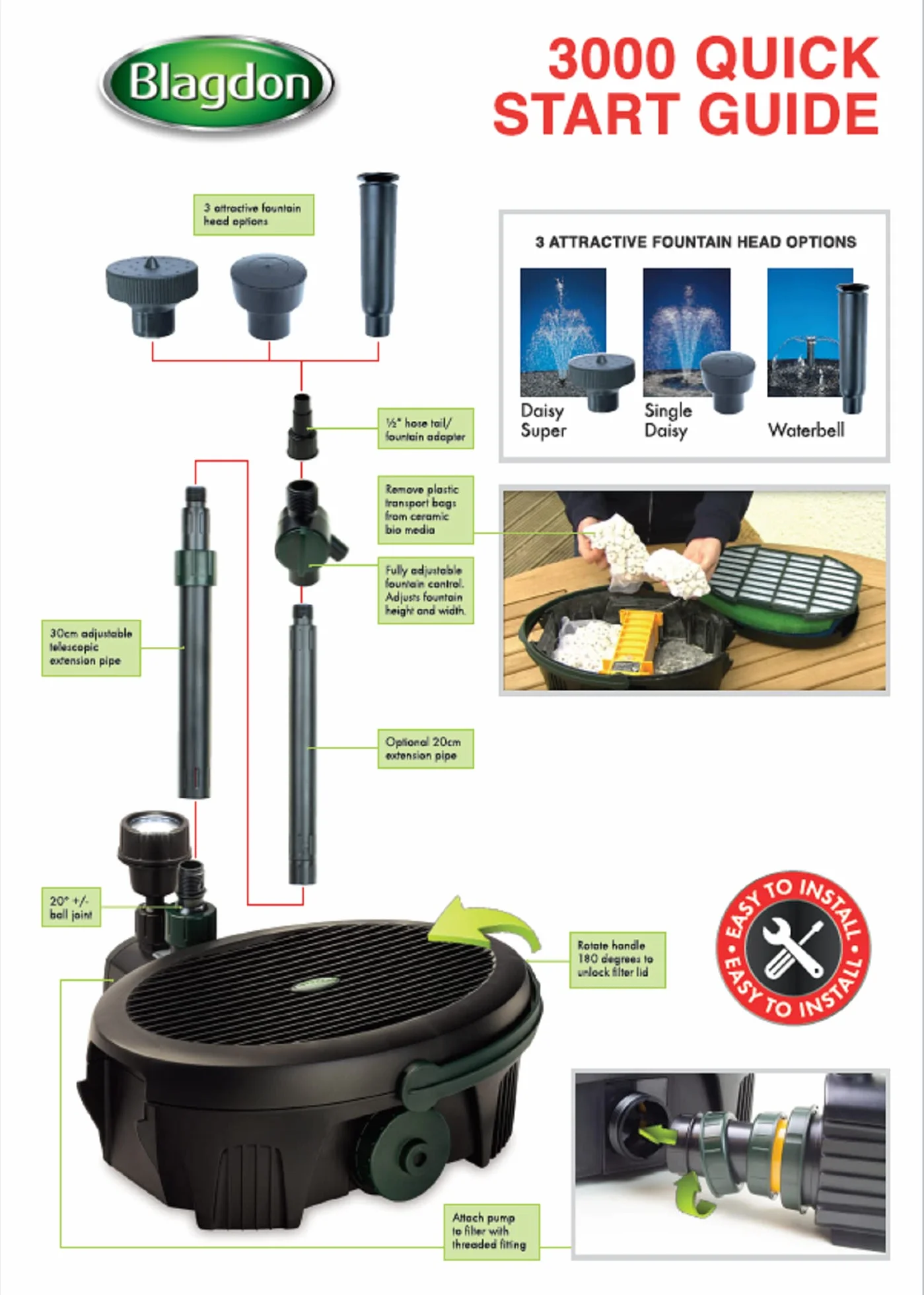 Blagdon Pompe et filtre de bassin Inpond 5 en 1 3000, 10 W, UV, LED, 3 têtes, jusqu'à 3000 L, noir