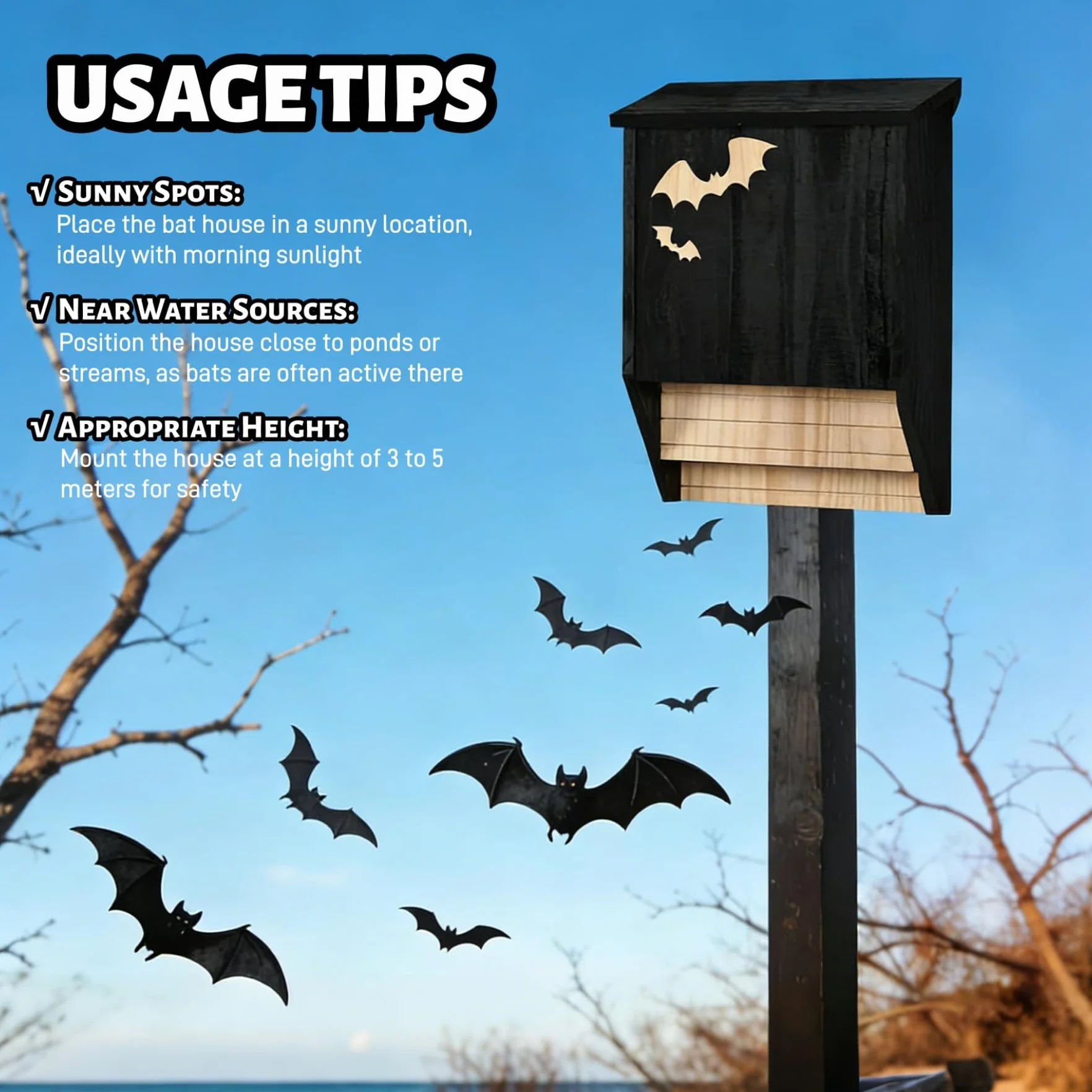 Nichoir pour chauve-souris en bois double chambre résistant aux intempéries noir