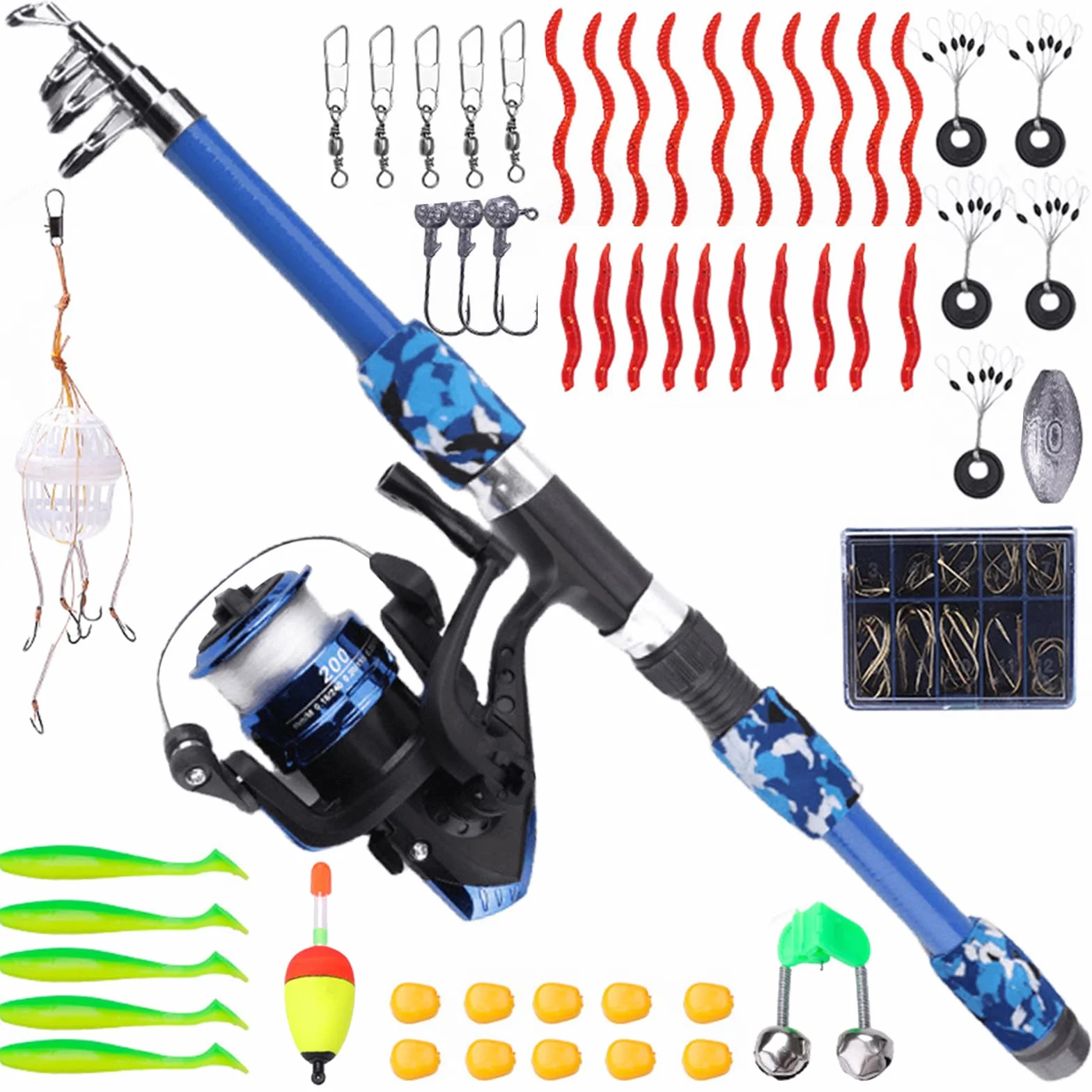 Kit de pêche pour enfants de 3 à 10 ans - Avec moulinet et leurres - Kit de démarrage de 1,8 m - Canne à pêche télescopique en fibre de carbone et moulinet de ligne de pêche - Accessoires de pêche
