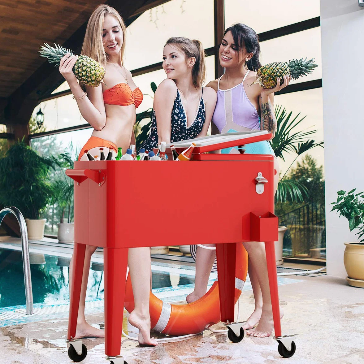 GOPLUS Chariot de Glacière 76 L sur roulettes, Desserte Jardin 4 Roulettes, pour Terrasse, Pique-Nique, 91x48x87cm Rouge