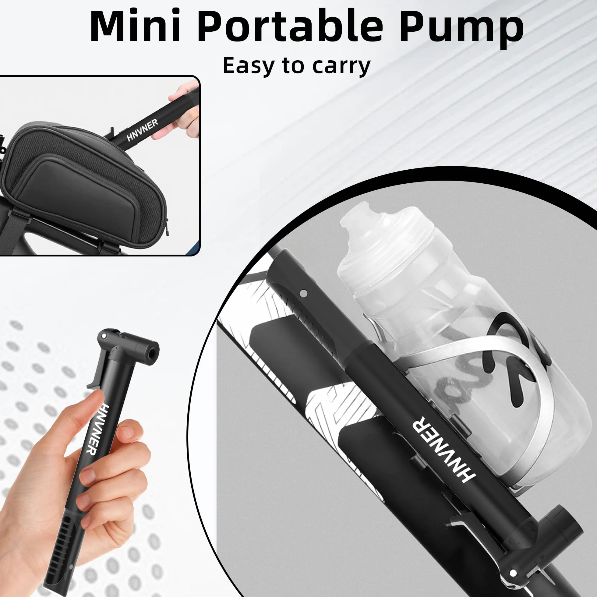 HNVNER Pompe à Vélo pour Schrader et Presta Valve,Mini Pompe avec Aiguille Gonflage,Pompe a Velo Portable Compacte légère avec Support de Fixation pour VTT, BMX, Moto et Ballon