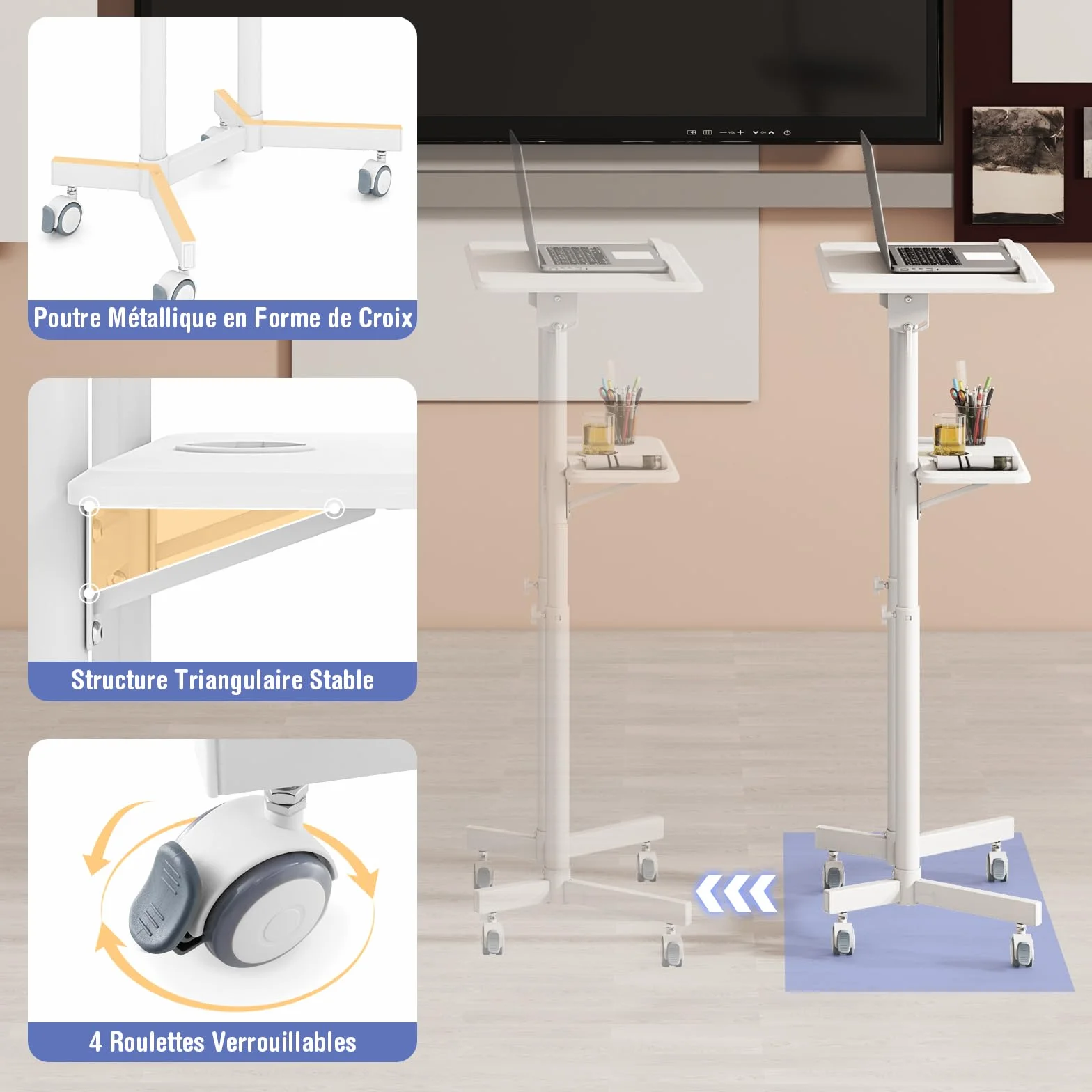 GYMAX Pupitre Mobile avec Roulettes Verrouillables, Hauteur Réglable 104-128cm, Plateau Inclinable Bureau Assis-Debout (Blanc)