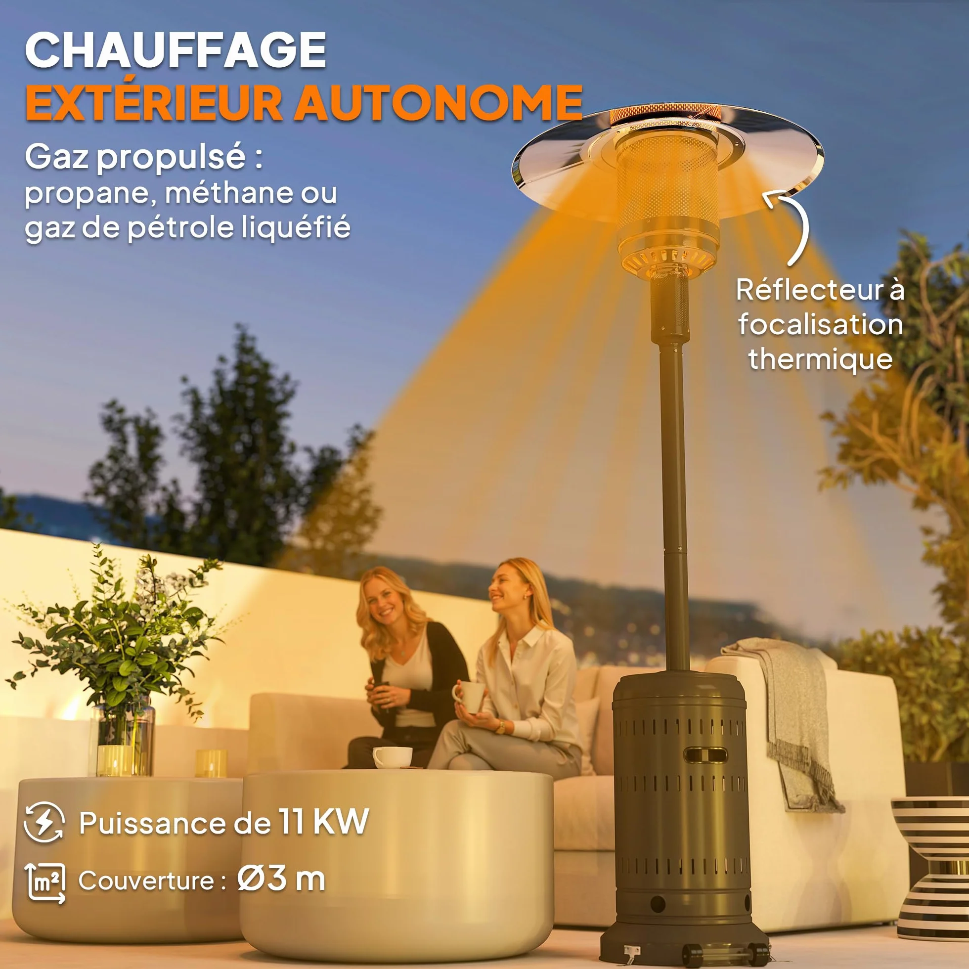 Outsunny Parasol Chauffant Gaz Portable 11 KW avec Protection Anti-Basculement, Noir