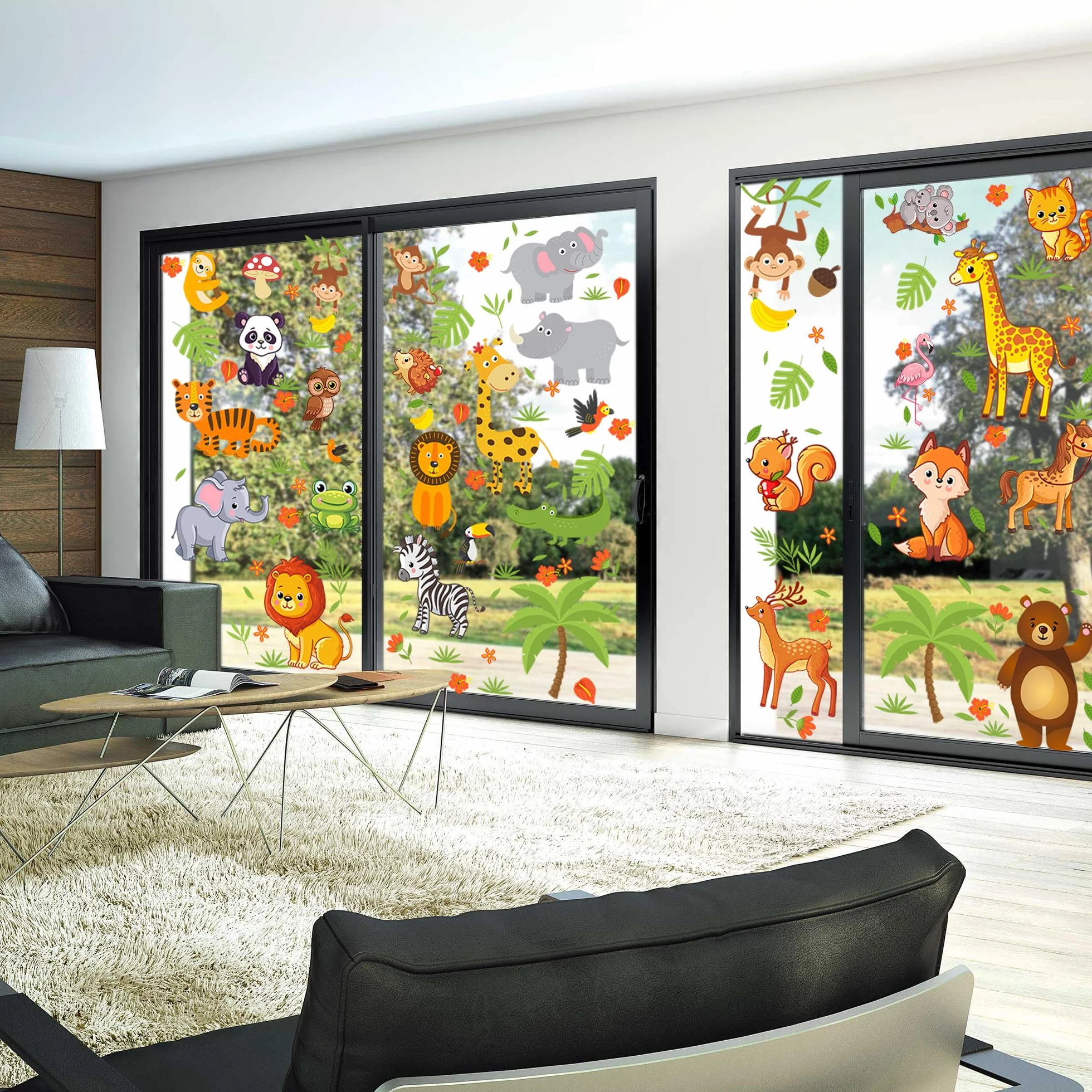 Moxled Autocollants Fenêtre Forêt Animaux Réutilisables Décoration Enfant