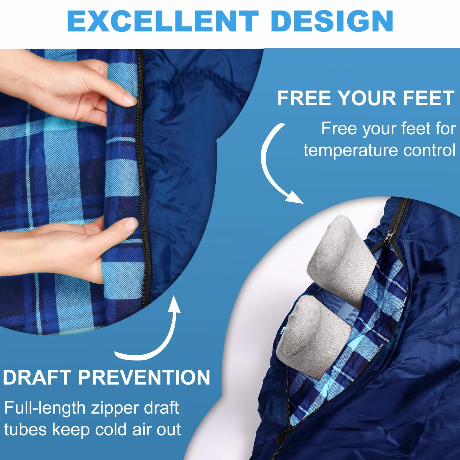 Sac de Couchage Double Grande Taille en Flanelle - 3 Saisons Léger - Famille/Couple - Idéal Camping, Extérieur & Intérieur - Sac de Compression Inclus