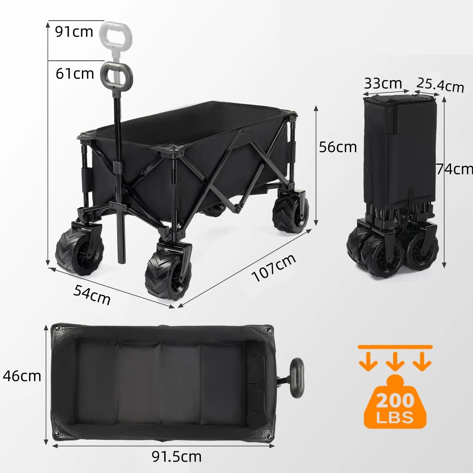 LEADZM Chariot de Plage Pliable Tout Terrain 91kg 107x54x91 cm Noir