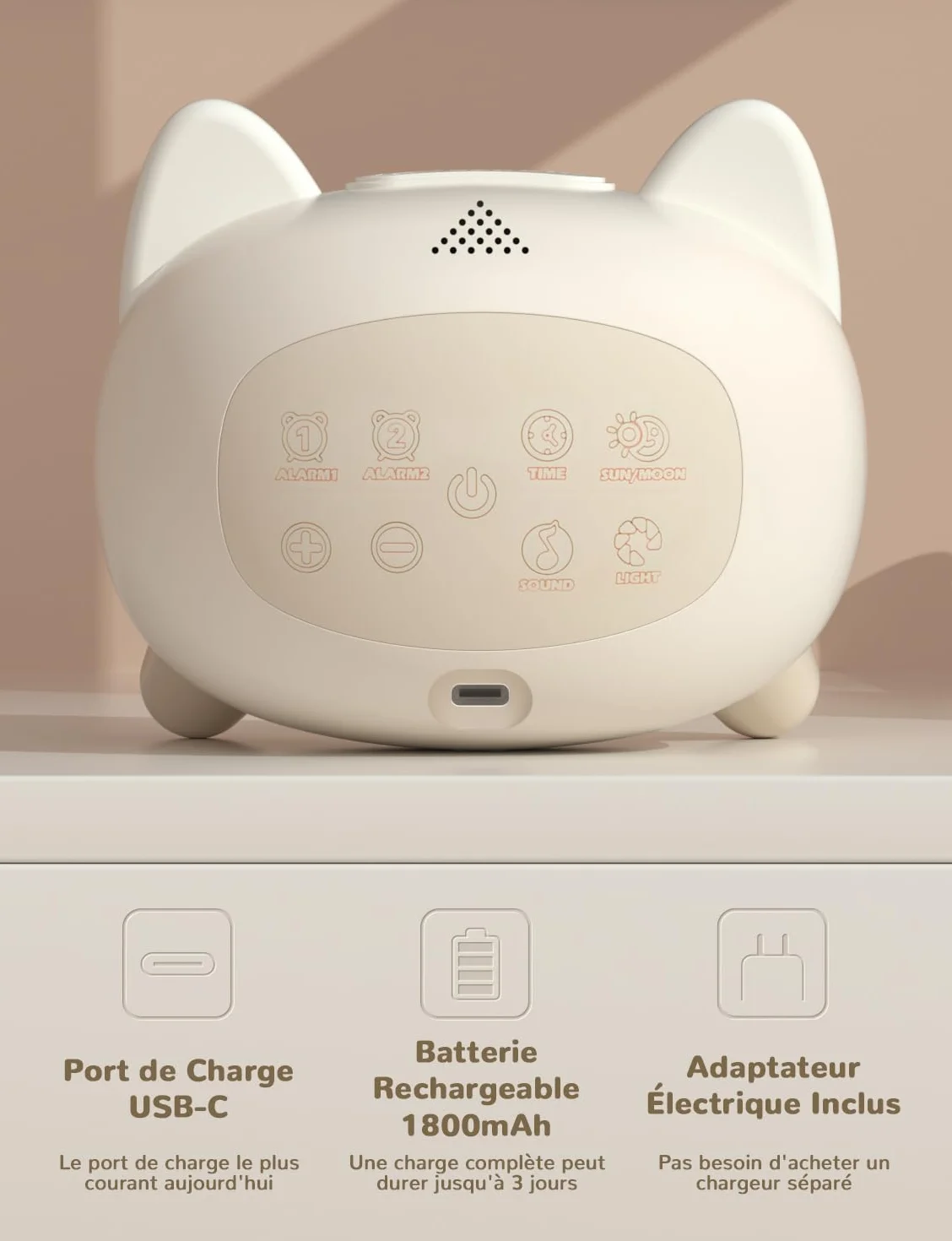LIORQUE Réveil Enfant Éducatif Jour/Nuit avec Veilleuse, Machine Sonore, Deux Alarmes, Mode Week-End, Rechargeable Chat