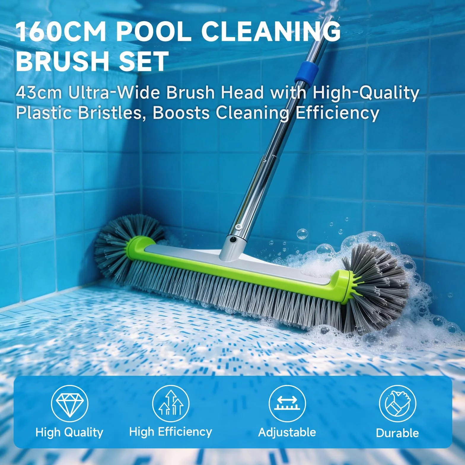 Balai Piscine 160CM Brosse Ultra Large 43CM avec Chiffon Nettoyage Outil Nettoyage pour Piscine Spa