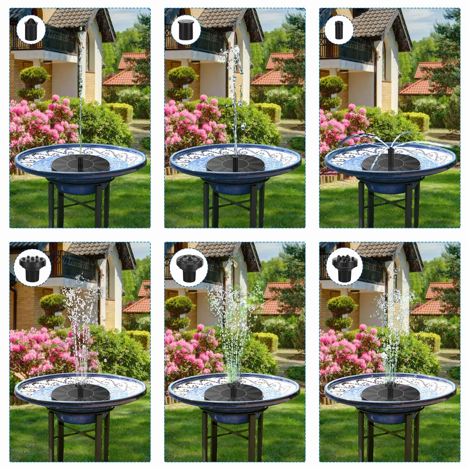 Fontaine Solaire pour extérieur, Pompe de Bassin Solaire, 6 Effets de pulvérisation, 1 W
