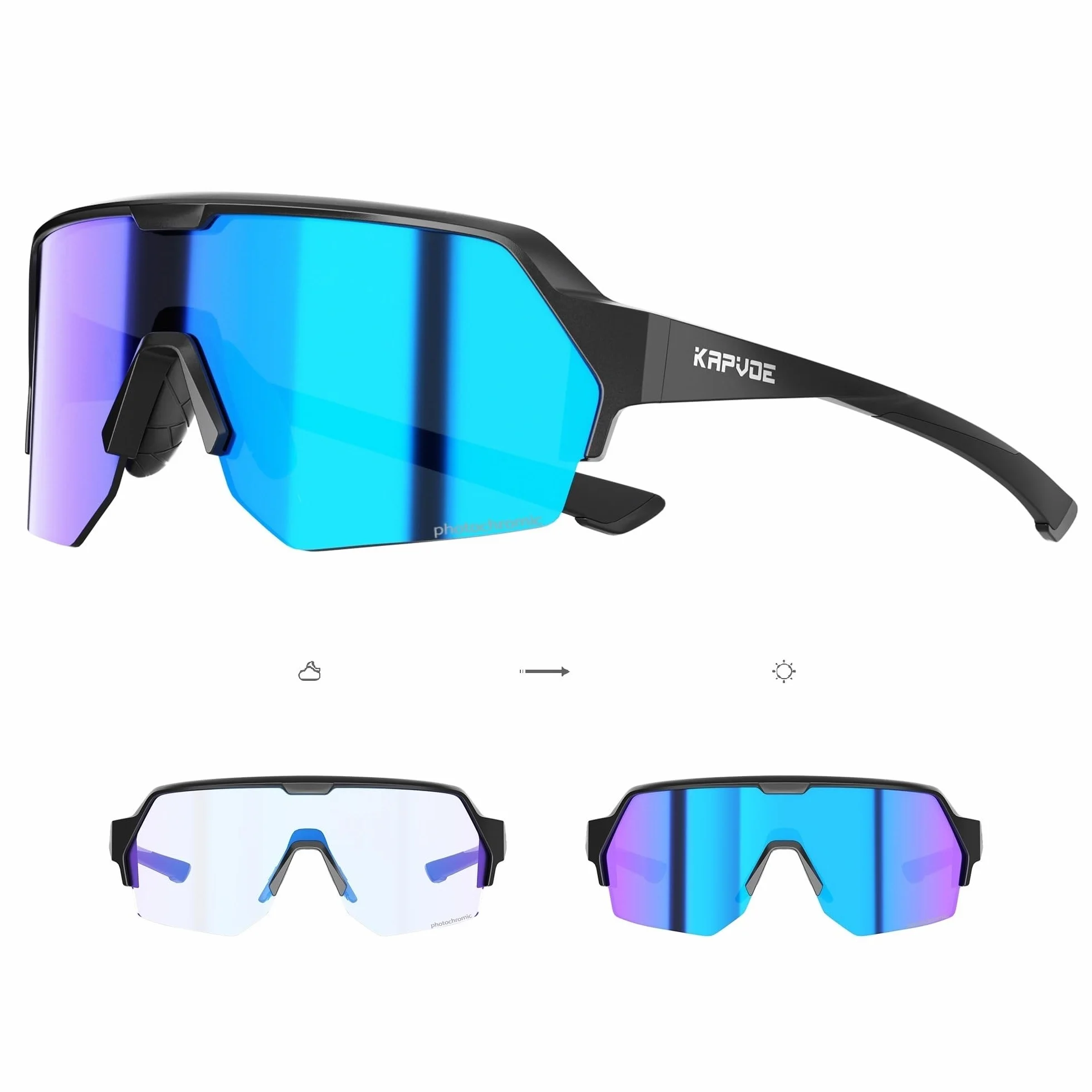 KAPVOE Lunettes Cyclisme Photochromiques Protection UV400 Monture TR90 lunettes de soleil sport Hommes Femme pour VTT Conduite Golf Running K360