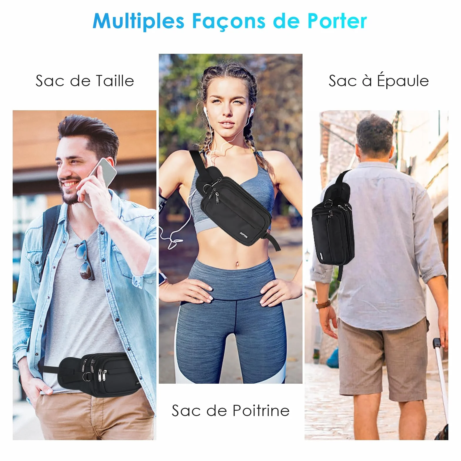 AGPTEK Sac Banane Ceinture de Course Homme Femme Outdoor Sport, Sac Sacoche Banane Capacité Grande avec Multiples Poches et Ceinture Réglable pour Voyage, Randonnée,Escalade, Jogging, Randonnée