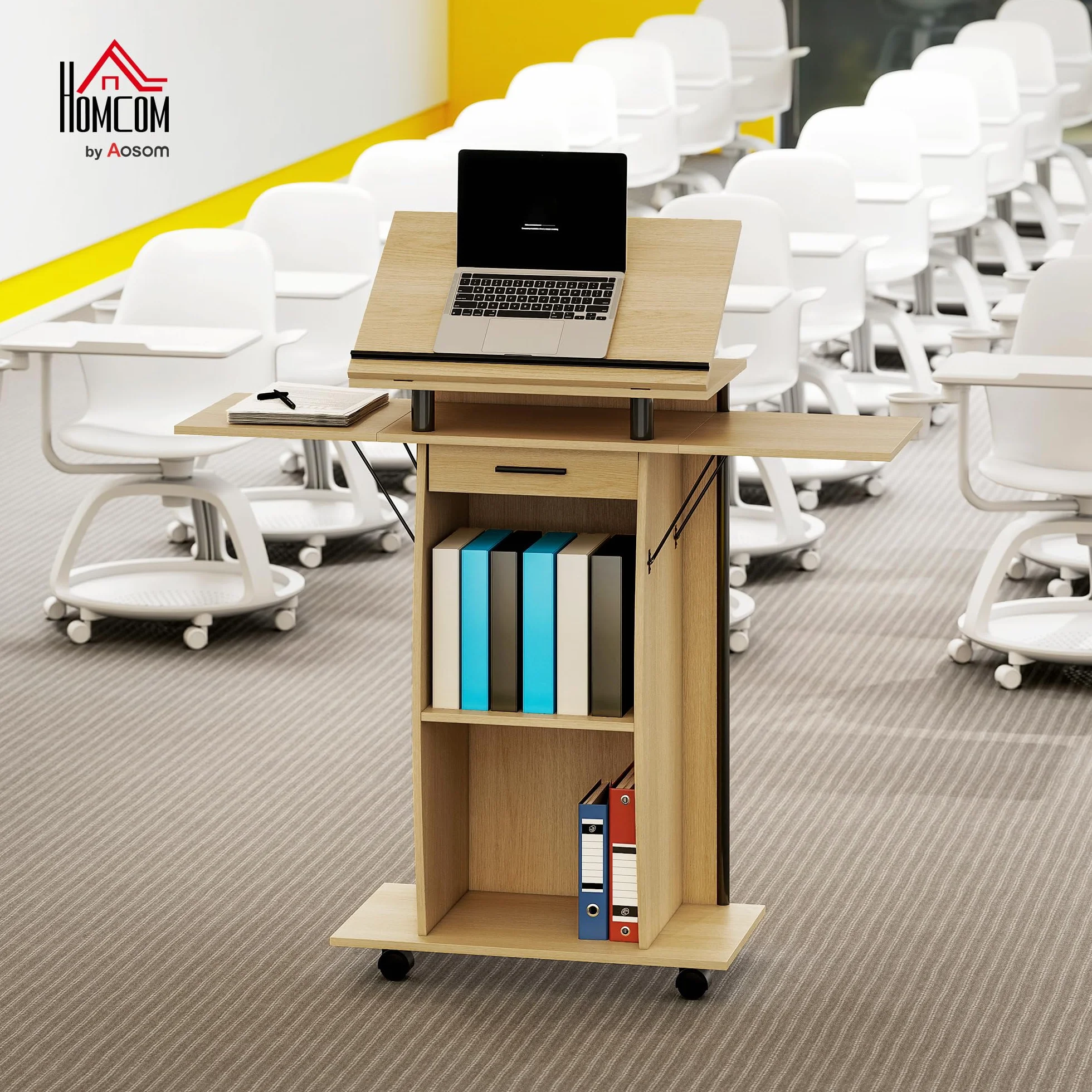 HOMCOM Podium avec roulettes ailes latérales pliantes support inclinable tiroir chêne 126 x 37 x 136 cm