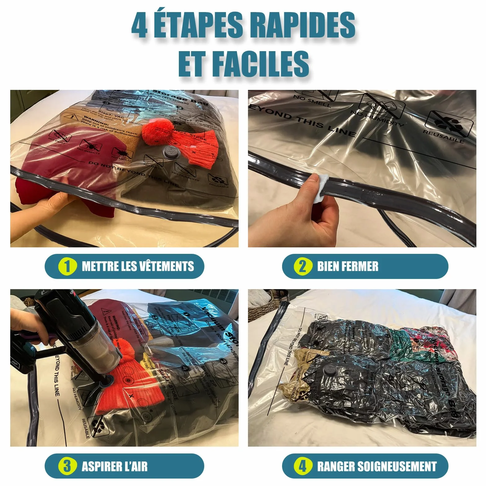 Sac Sous Vide Vetement Aspirateur 5 Pièces 3XL 100X80cm Housse de Rangement Réutilisable