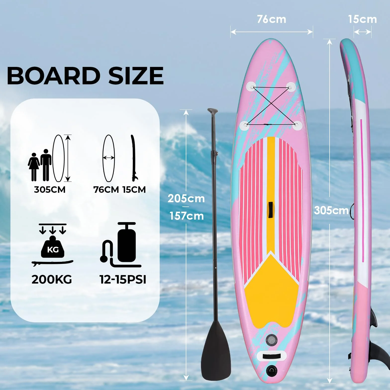 Paddle Gonflable Adulte - Stand Up Paddling Sup 305 x 76 x 15 cm | 2 Personnes Planches de Stand Up avec Grande Stabilité Résistance | Padel Planche | Accessoires de Qualité | 200 kg