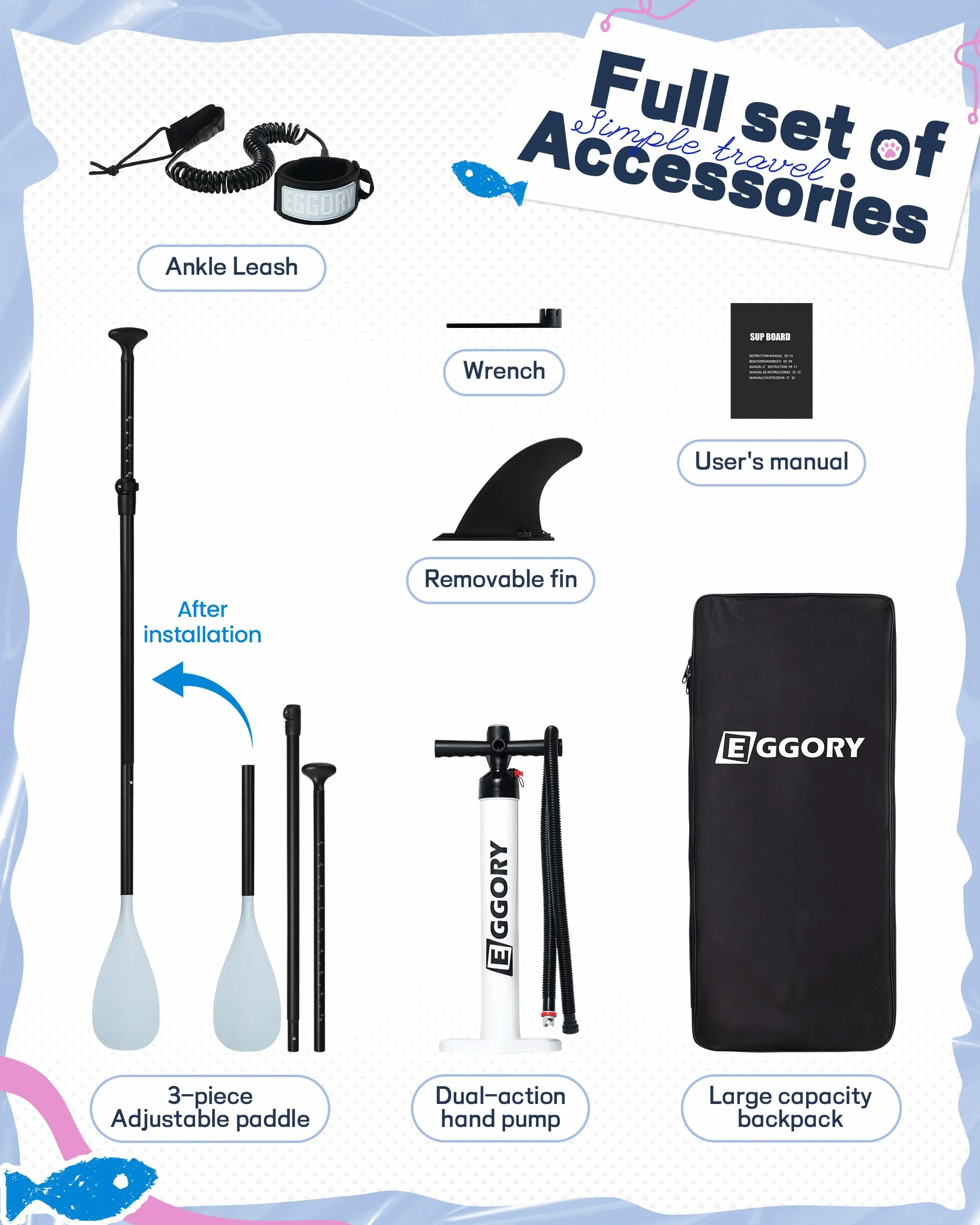 Stand Up Paddle Planche de Surf Gonflable Sup - Accessoires complets pour Planches de pagaie - Pompe à pagaie réglable - Sac à Dos de Voyage - Sangle d'épaule