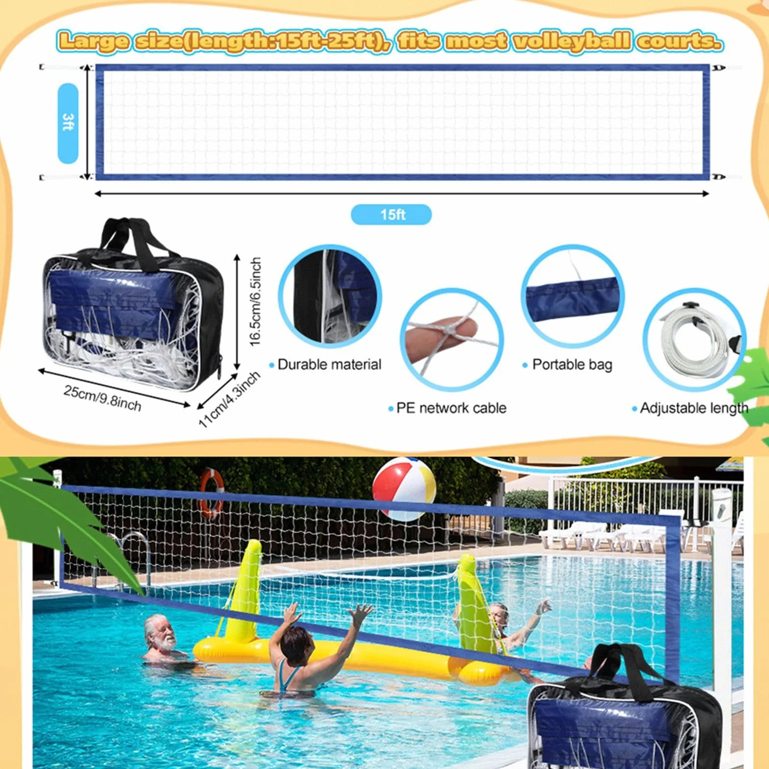 Filet de volley-ball aquatique 4 m – Séparateur de piscine portable en maille pour sports aquatiques