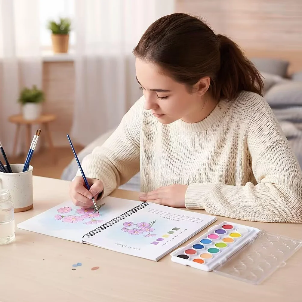 Cahier d'aquarelle pour débutants, 30 motifs fleurs animaux, 16 couleurs, 2 pinceaux, livre de peinture aquarelle adultes détente