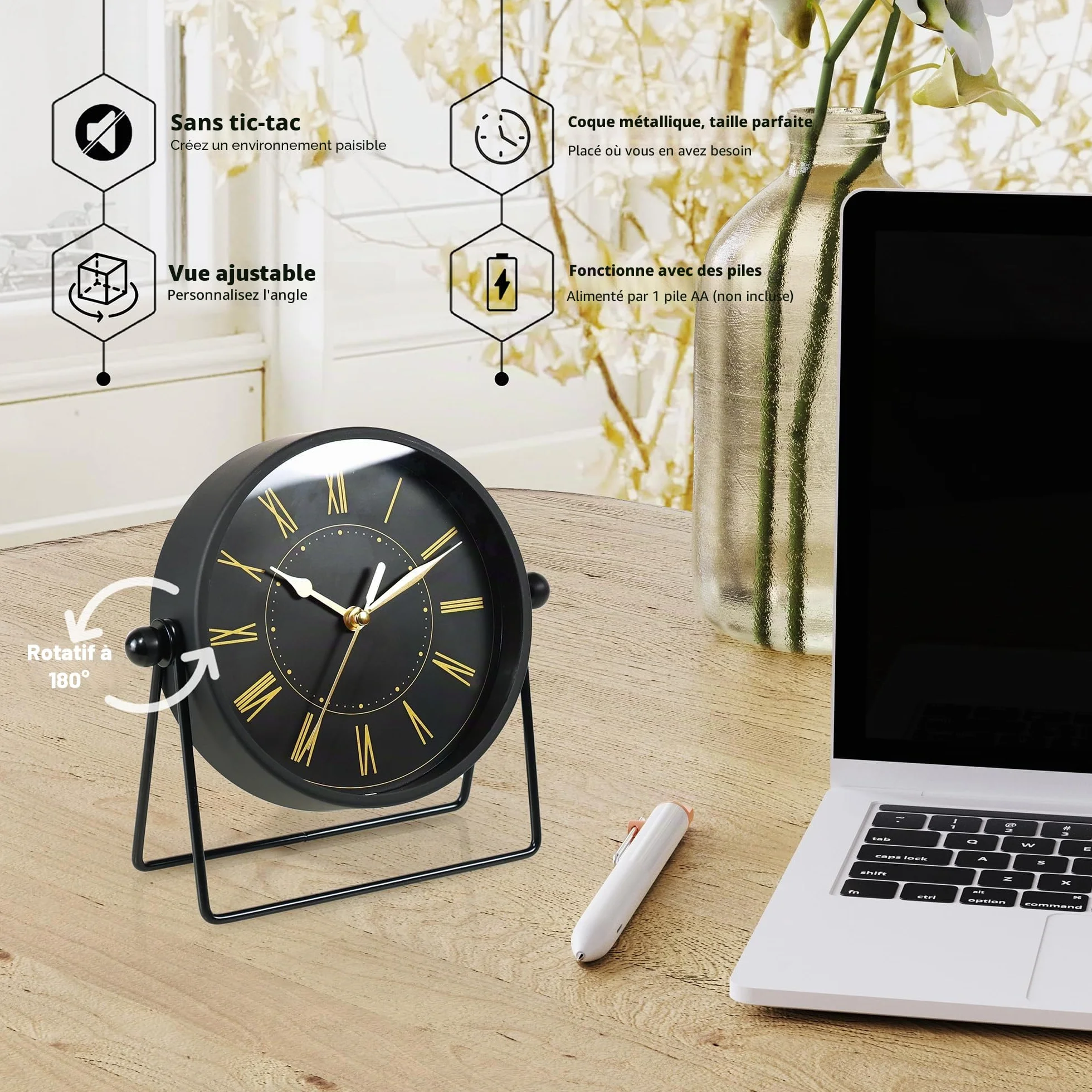 AYRELY Horloge de Table Vintage Métal Quartz Silencieux Angle Réglable Noir Doré