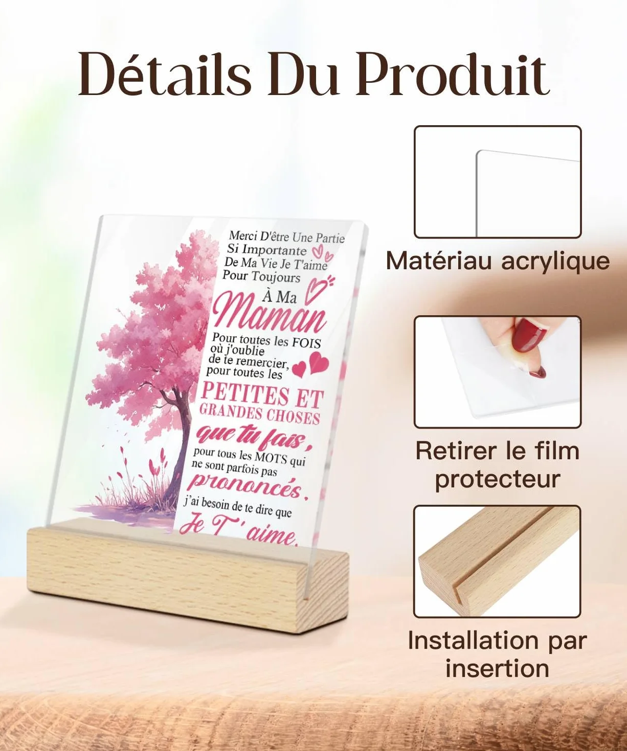 Plaque Acrylique Merci Maman Je T'Aime Arbre Rose Décoration Cadeau Fête des Mères