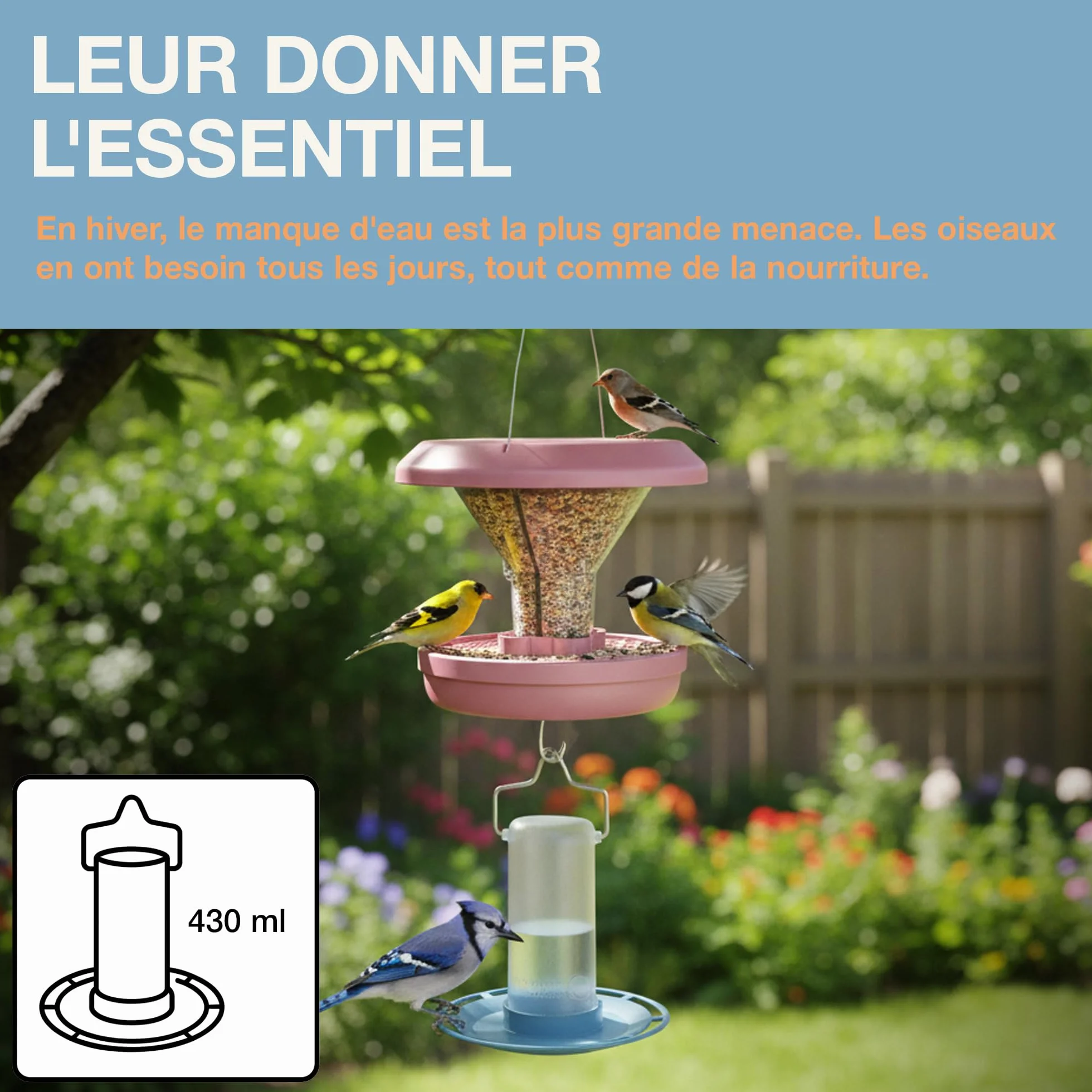 SWISSINNO Abreuvoir pour Oiseaux Zug Smart Birds Bleu Clair – Résistant aux UV Plastique PC et ASA Robuste – Distributeur d’Eau Balcon Terrasse Jardin