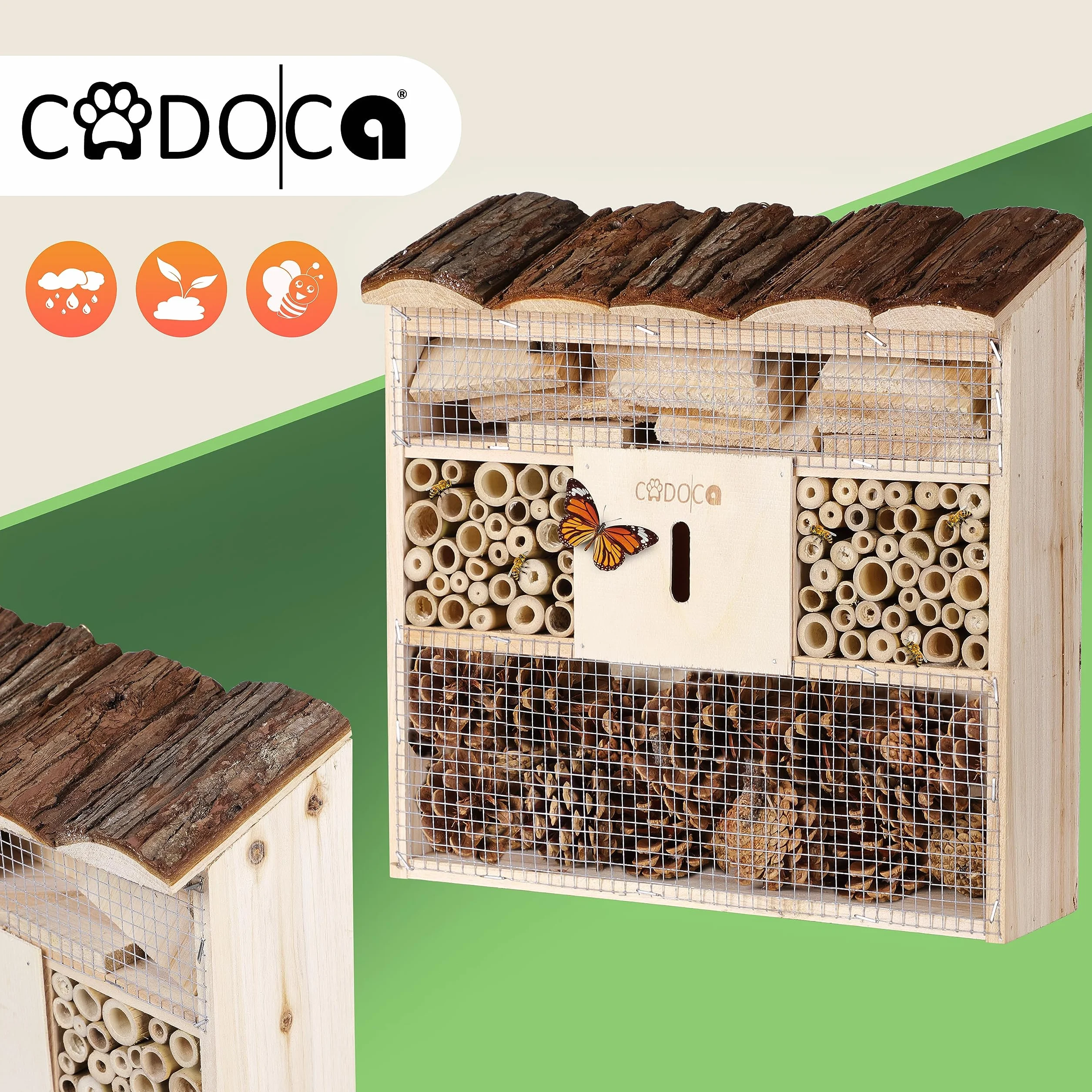 CADOCA® 2X Hôtel à Insectes en Bois Naturel 30,5x31 cm Nichoir à Abeilles Hivernage Pollinisation