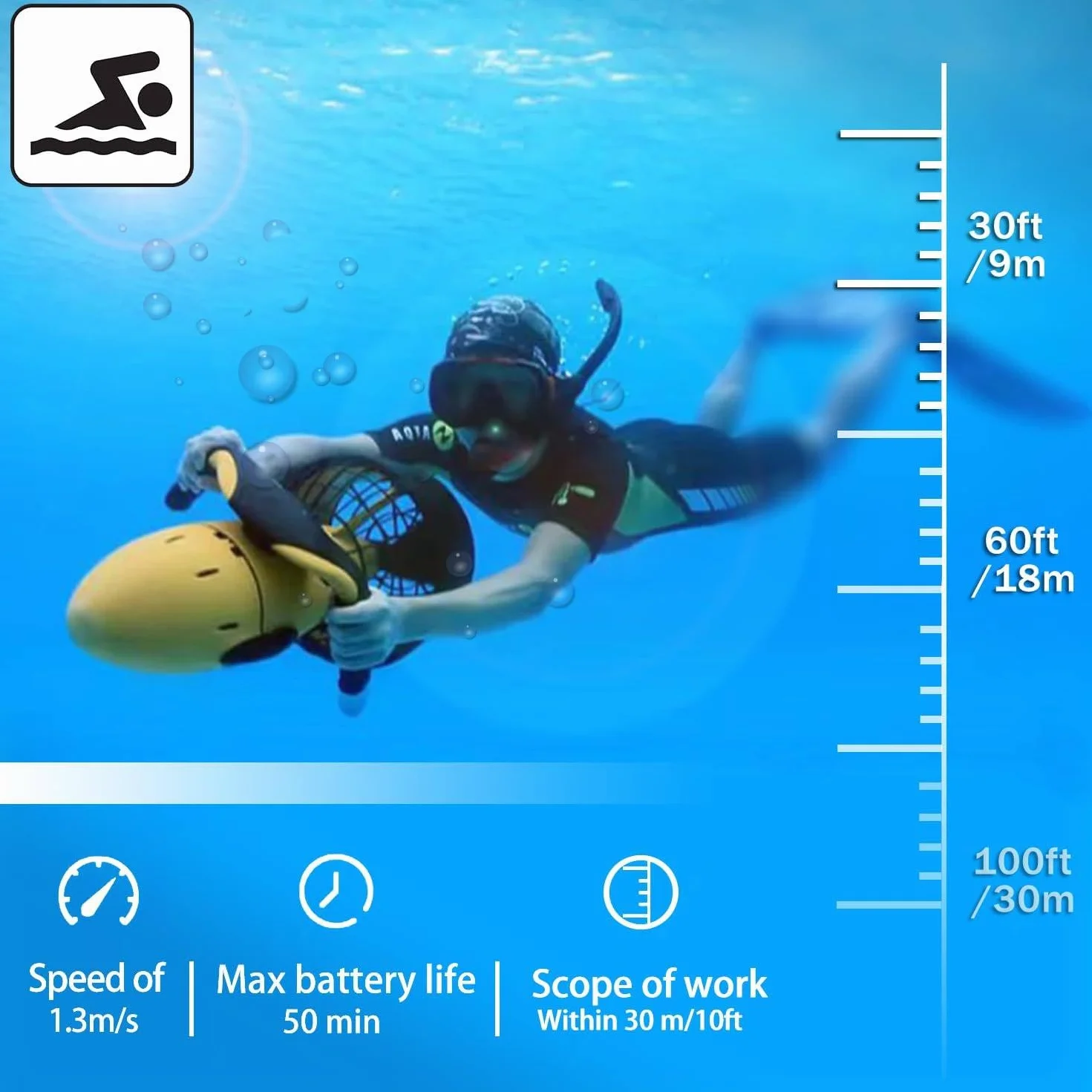 Scooter sous-Marin 500WHélicoptère sous-Marin à Double Vitesse pour la plongée sous-Marine, l'apnée et la Piscine,Booster sous-Marin